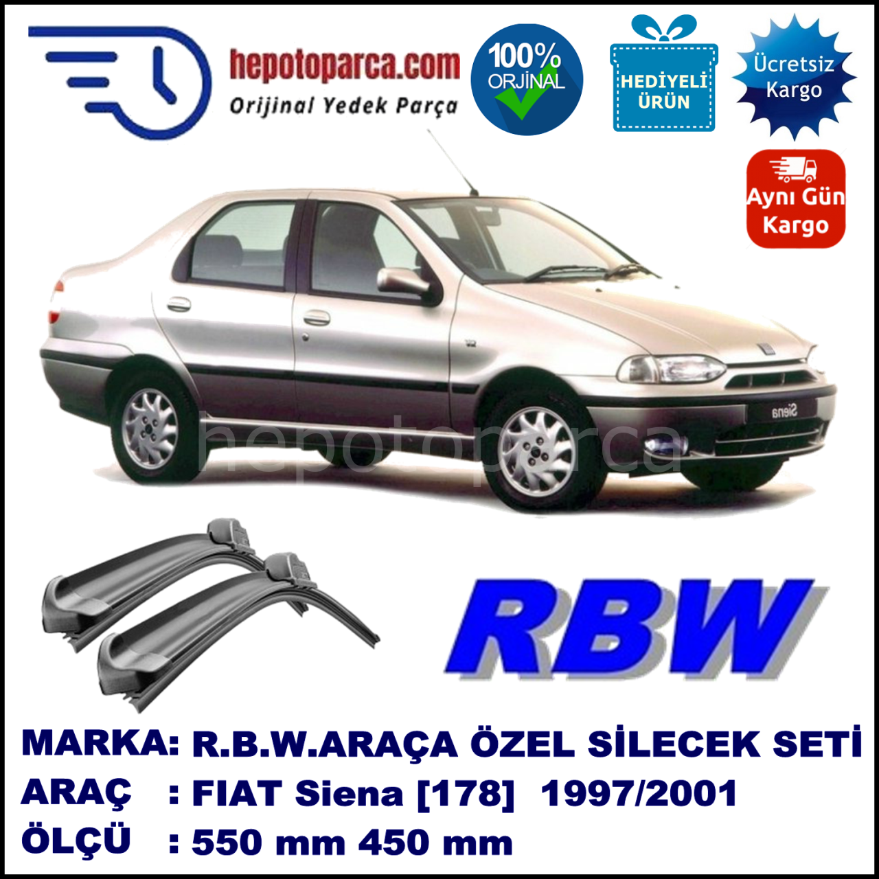 FIAT Siena [178..] 04.97-12.01 550 / 450 mm. RBW Muz Silecek Seti  2'li Takım. U Kanca Uyumludur.