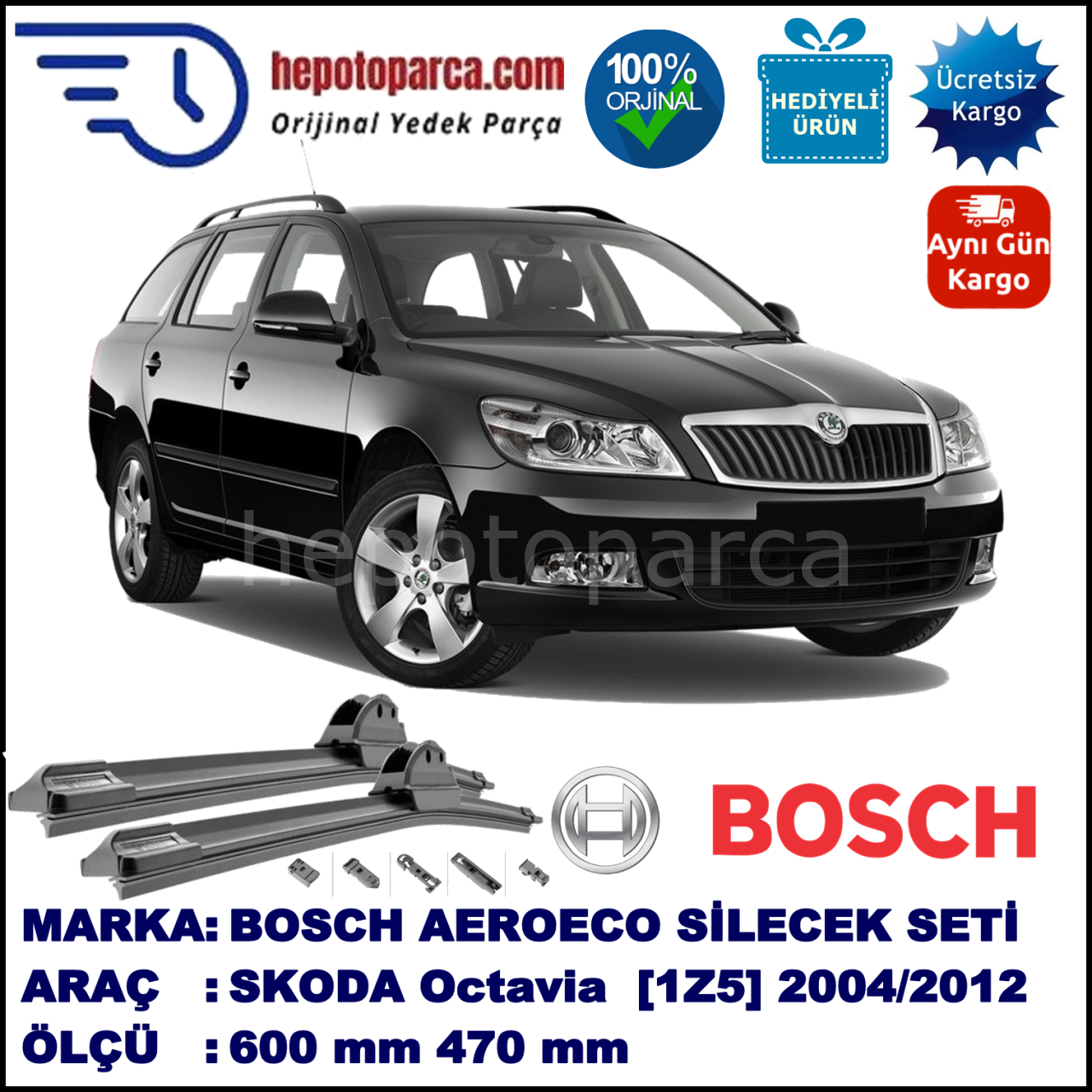 SKODA Octavia Combi [1Z5] 05.2004-..., 600 / 470 mm. BOSCH AEROECO Aparatlı Muz Silecek
