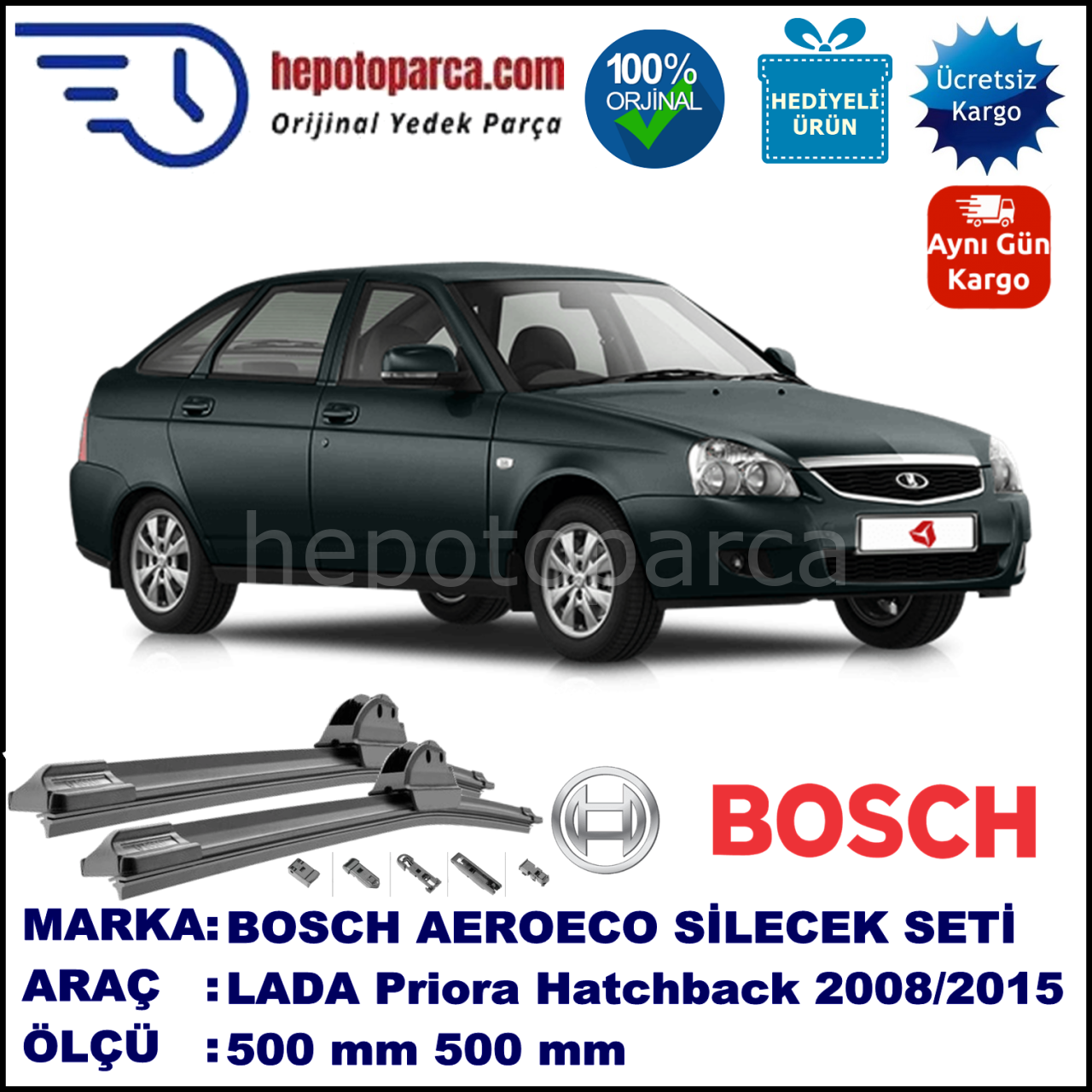LADA Priora Hatchback  01.2008-..., 500 / 500 mm. BOSCH AEROECO Aparatlı Muz Silecek