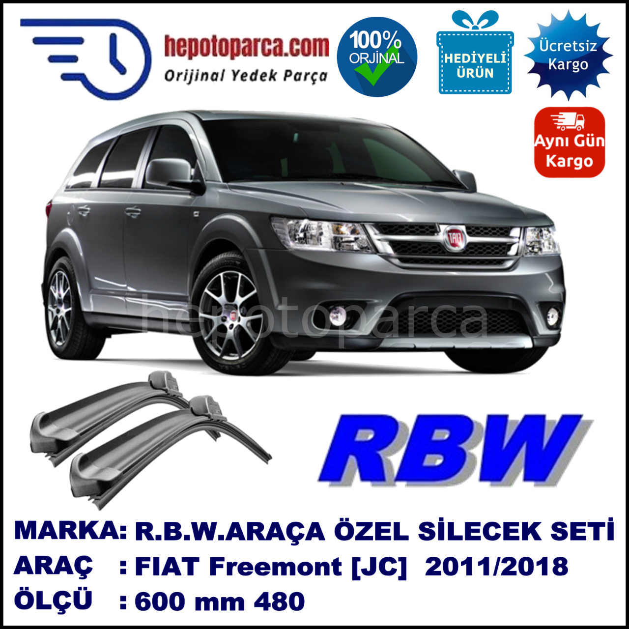 FIAT Freemont [JC] 06.11-... 600 / 480 mm. RBW Muz Silecek Seti  2'li Takım. U Kanca Uyumludur.