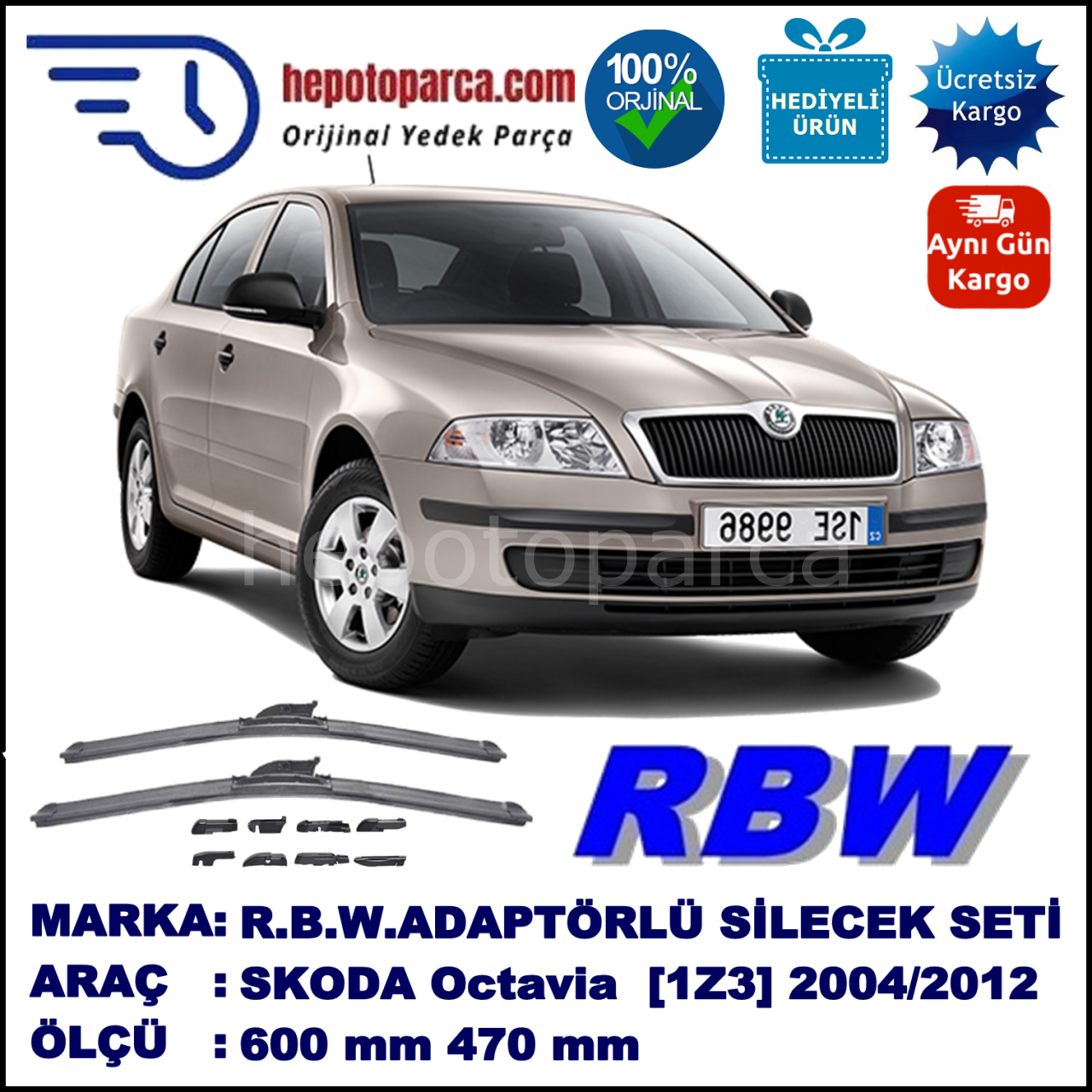 SKODA Octavia [1Z3] 05.2004-..., 600 / 470 mm.  RBW  ADAPTÖRLÜ MUZ SİLECEK SETİ