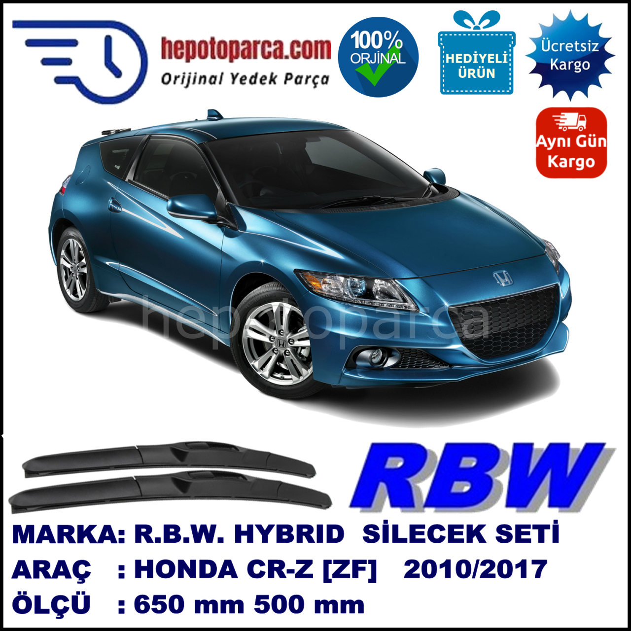 HONDA CR-Z [ZF] 03.10-... 650 / 500 mm. RBW Hybrid Silecek Seti. U Kanca Uyumlu Hibrit