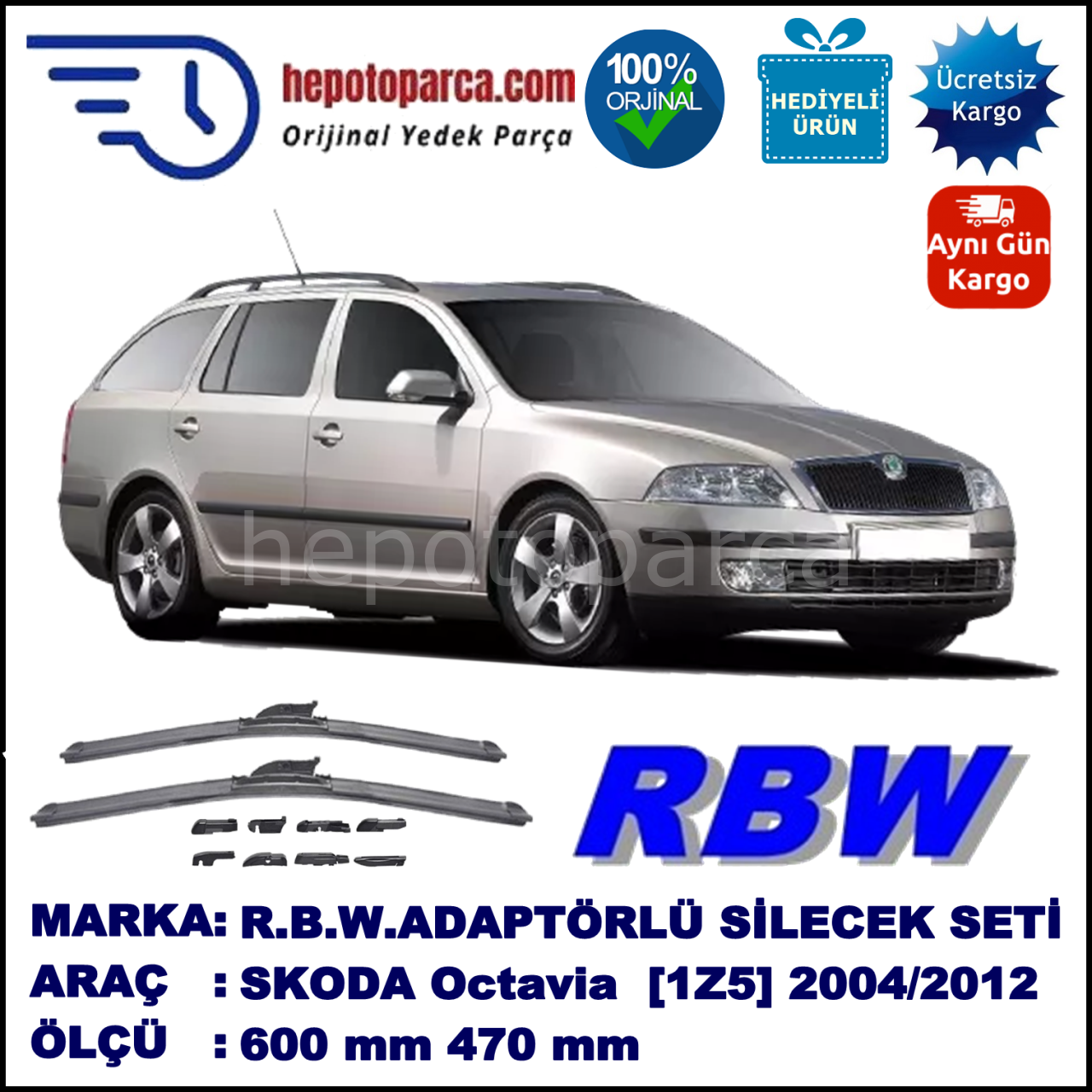 SKODA Octavia Combi [1Z5] 05.2004-..., 600 / 470 mm.  RBW  ADAPTÖRLÜ MUZ SİLECEK SETİ