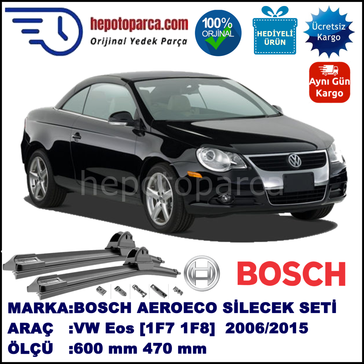 VW Eos [1F7,1F8] 05.2006-..., 600 / 470 mm. BOSCH AEROECO Aparatlı Muz Silecek
