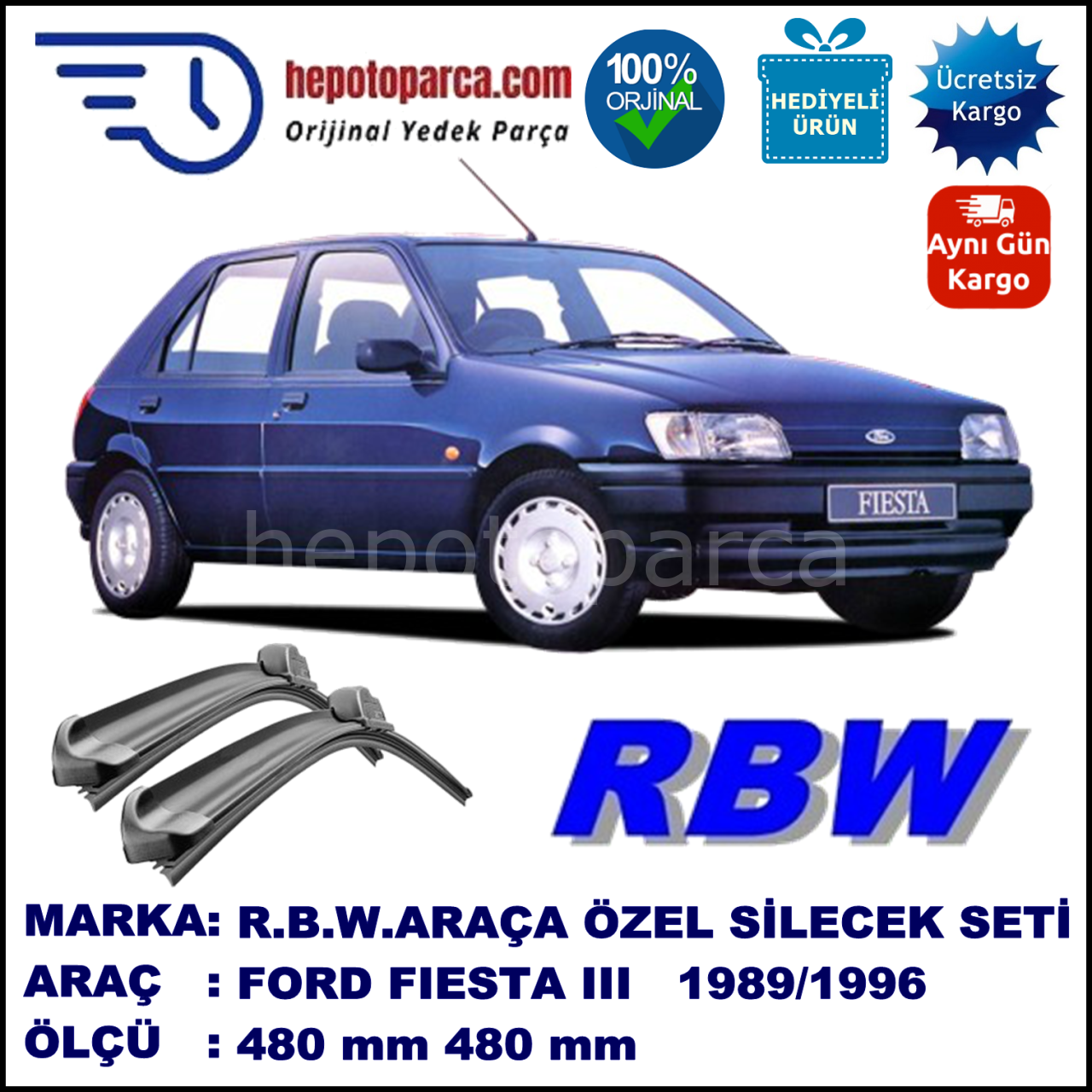 FORD Fiesta III [89] 03.89-12.96 480 / 480 mm. RBW Muz Silecek Seti  2'li Takım. U Kanca Uyumludur.