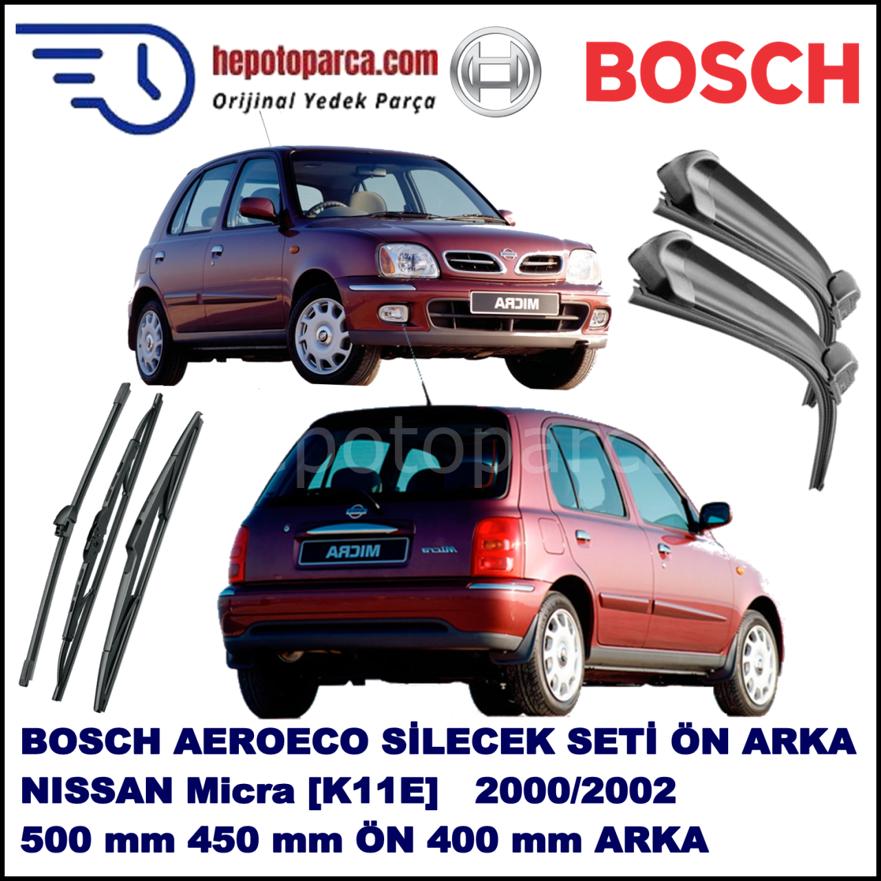 NISSAN Micra [K11E] 07,2000-10,2002 Bosch Aeroeco Ön ve Arka Silecek Takımı