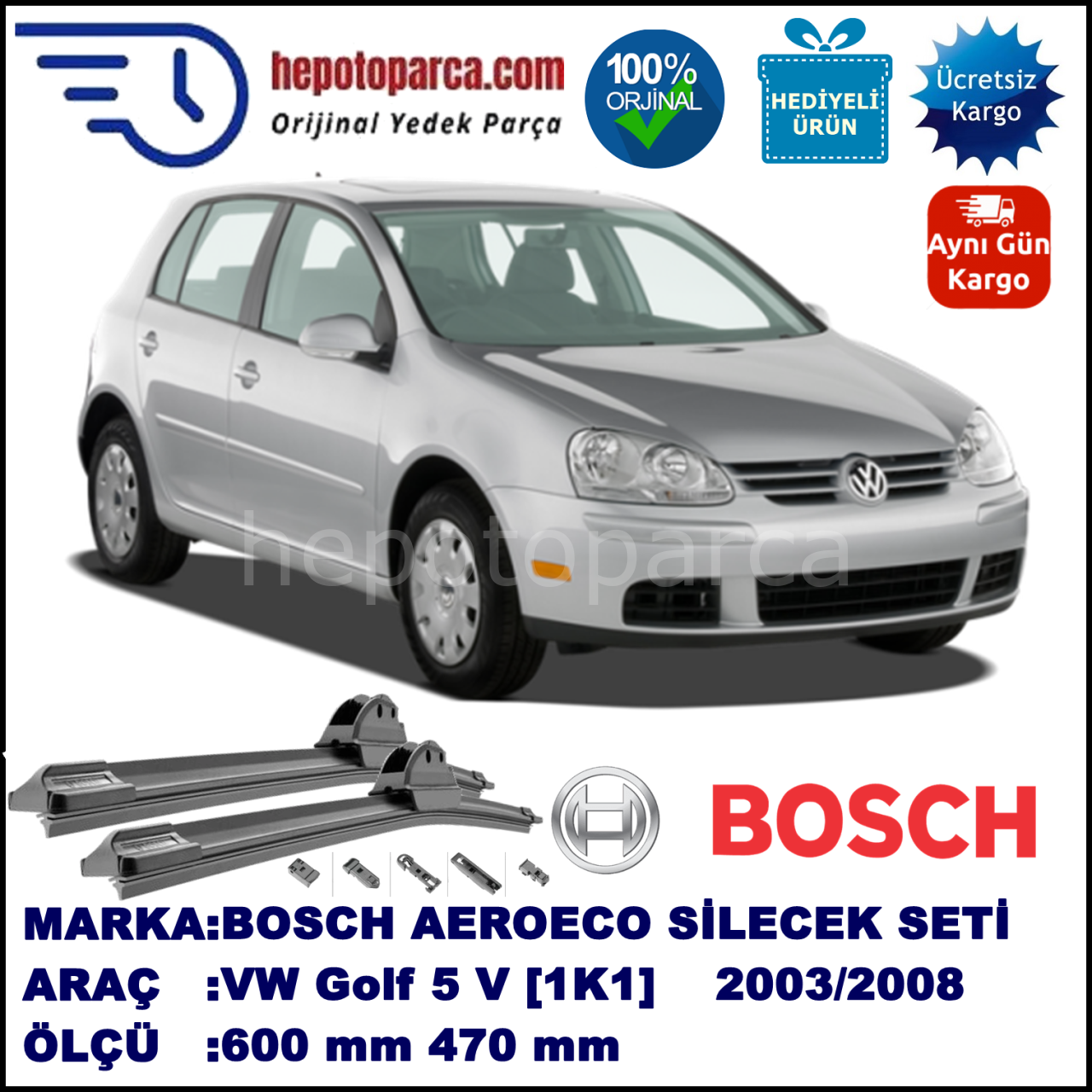 VW Golf  5 V [1K1] 10.2003-11.2008, 600 / 470 mm. BOSCH AEROECO Aparatlı Muz Silecek