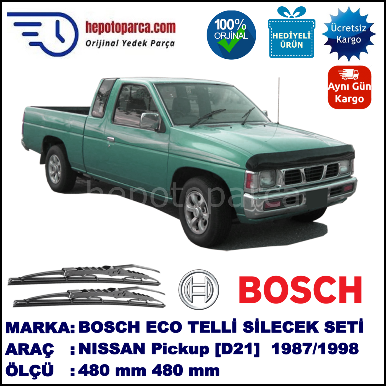 NISSAN Pickup [D21] 08.87-02.98 480 / 480 mm. BOSCH ECO Telli Silecek 2'li Takım