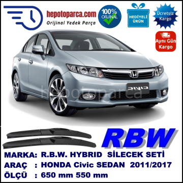 HONDA Civic Sedan [FB] 09.11-... 650 / 550 mm. RBW Hybrid Silecek Seti. U Kanca Uyumlu Hibrit