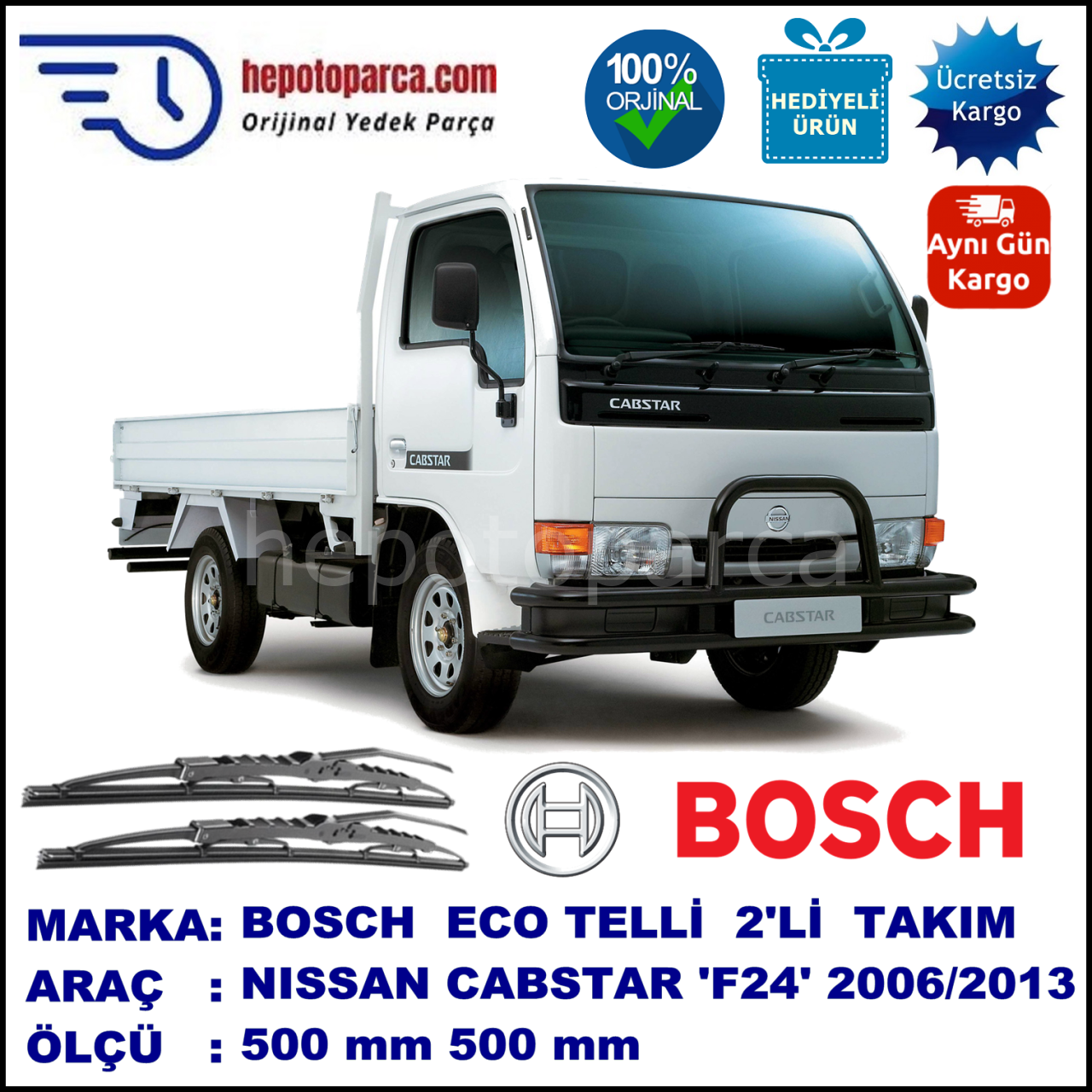 NISSAN Cabstar [F24] 09.06-... 500 / 500 mm. BOSCH ECO Telli Silecek 2'li Takım