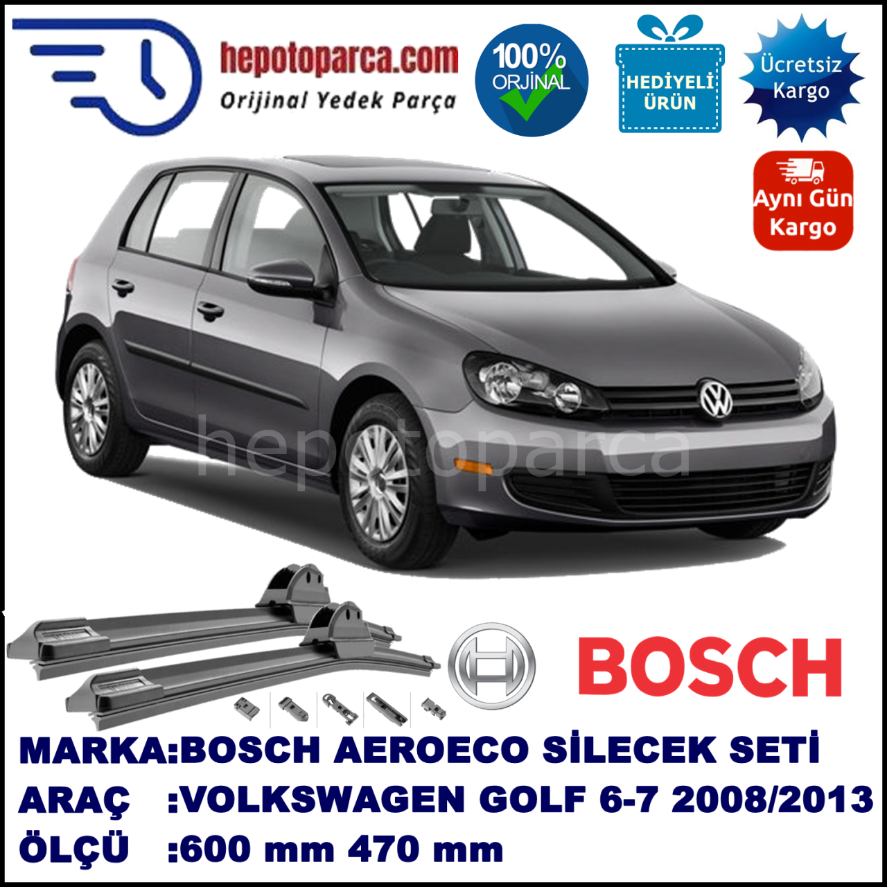 VW Golf 6 VI [5K1] 10.2008-..., 600 / 470 mm. BOSCH AEROECO Aparatlı Muz Silecek