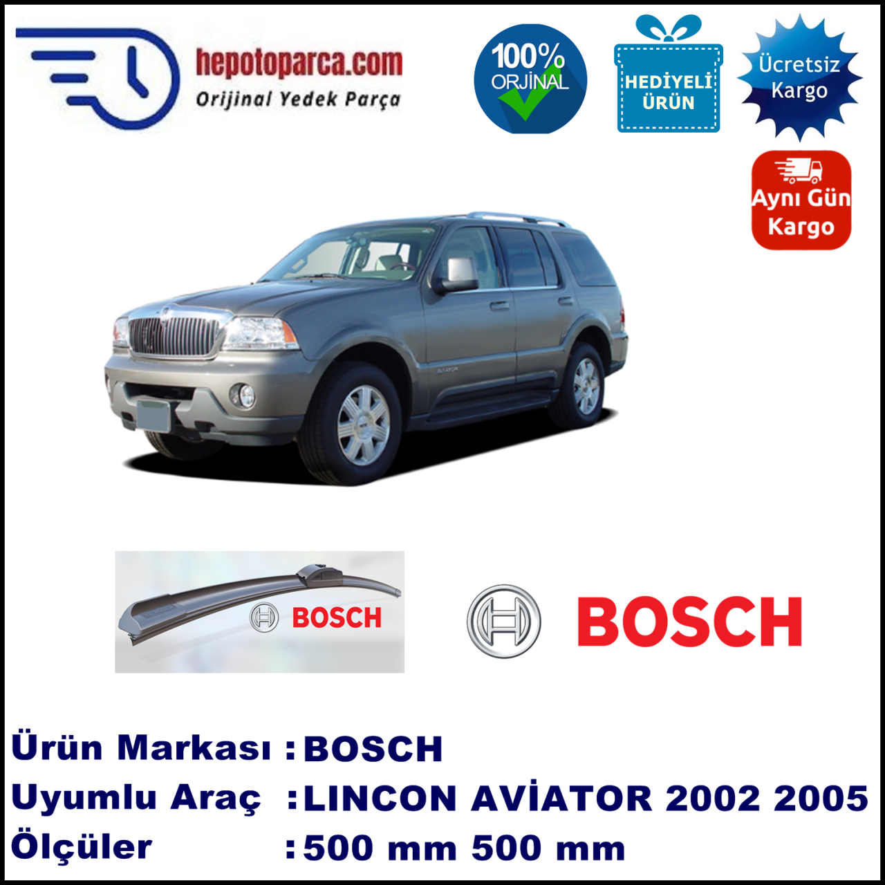 LINCOLN Aviator  09.2002-08.2005, 500 / 500 mm. BOSCH AEROECO Aparatlı Muz Silecek