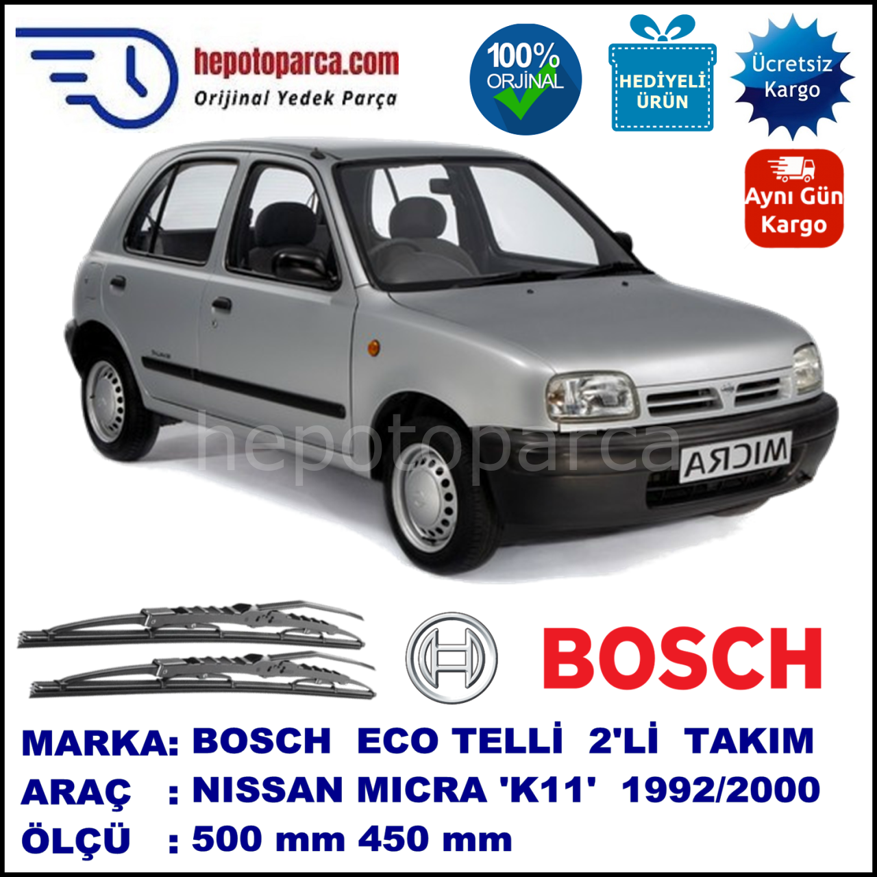 NISSAN Micra [K11E] 08.92-06.00 500 / 450 mm. BOSCH ECO Telli Silecek 2'li Takım
