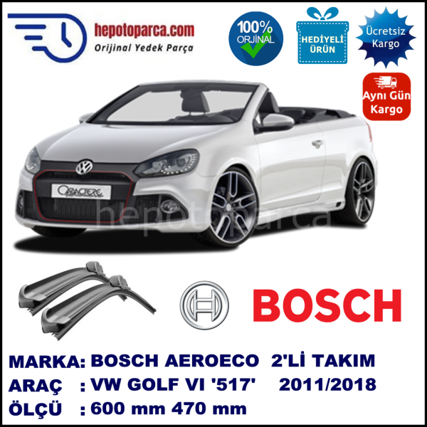 VW Golf VI Cabriolet [517] 03.2011-..., 600 / 470 mm. BOSCH AEROECO Aparatlı Muz Silecek
