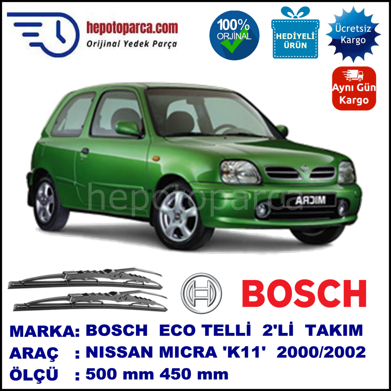 NISSAN Micra [K11E] 07.00-10.02 500 / 450 mm. BOSCH ECO Telli Silecek 2'li Takım