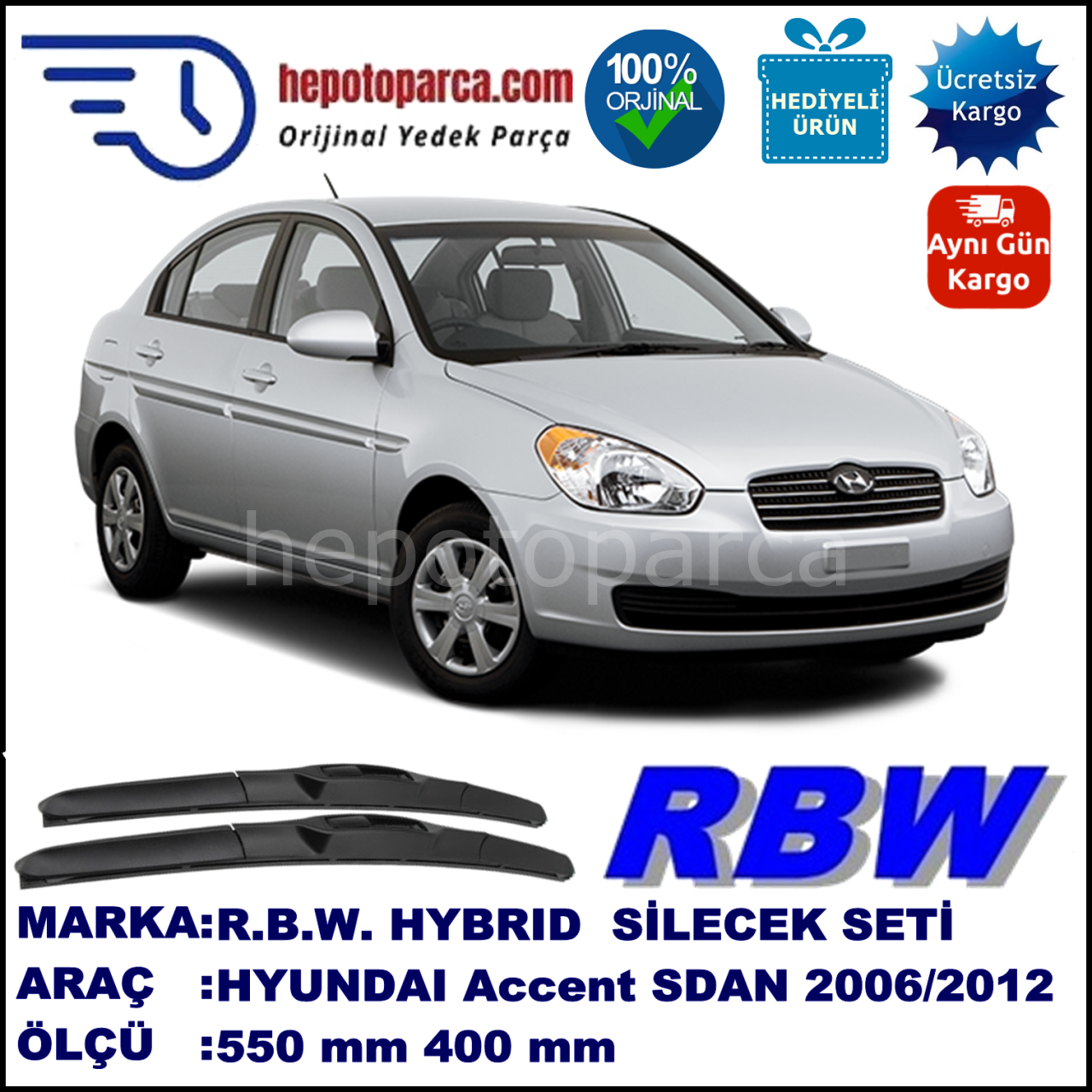 HYUNDAI Accent [MC] 04.06-02.12 550 / 400 mm. RBW Hybrid Silecek Seti. U Kanca Uyumlu Hibrit