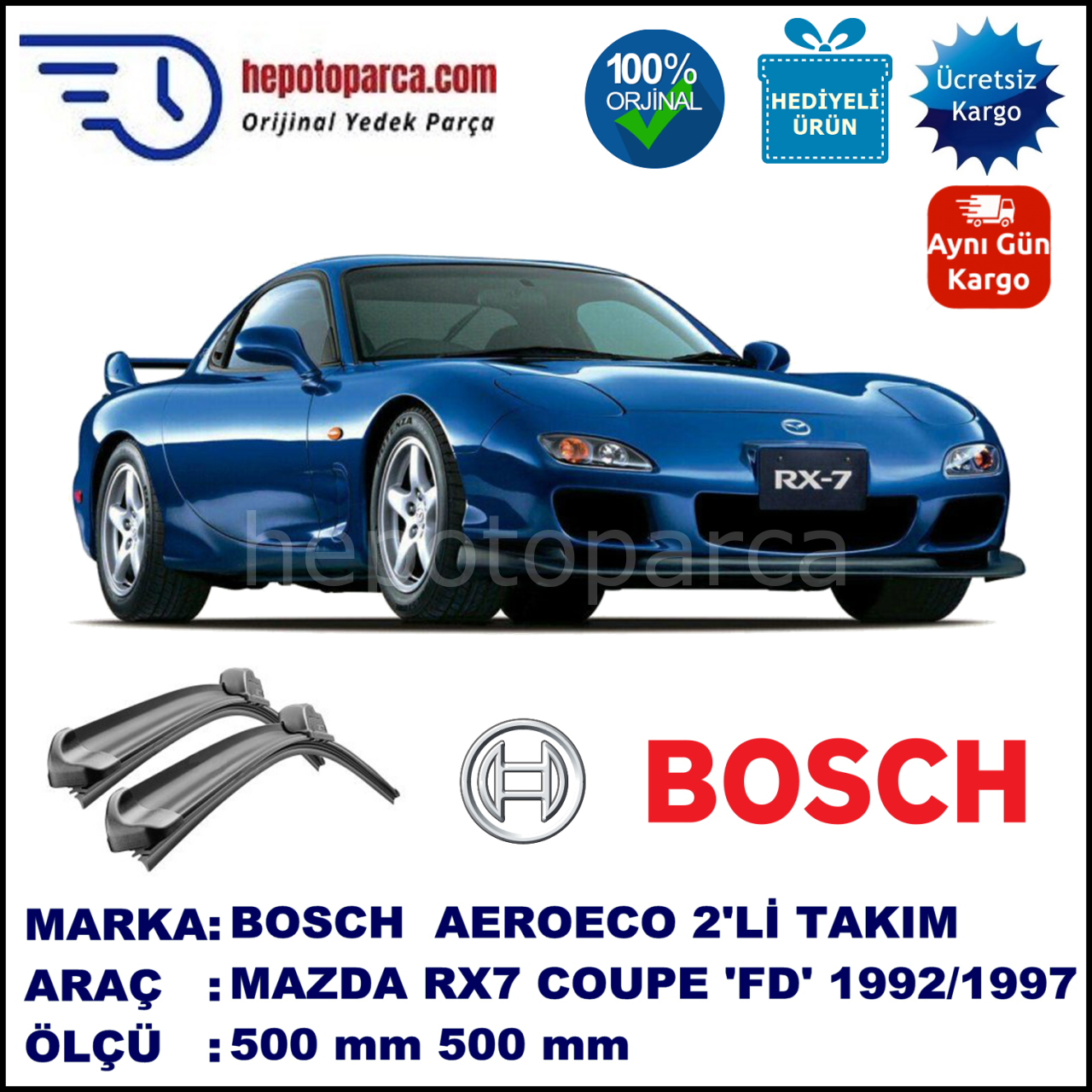 MAZDA RX-7 Coupé [FD] 01.1992-02.96, 500 / 500 mm. BOSCH AEROECO Aparatlı Muz Silecek