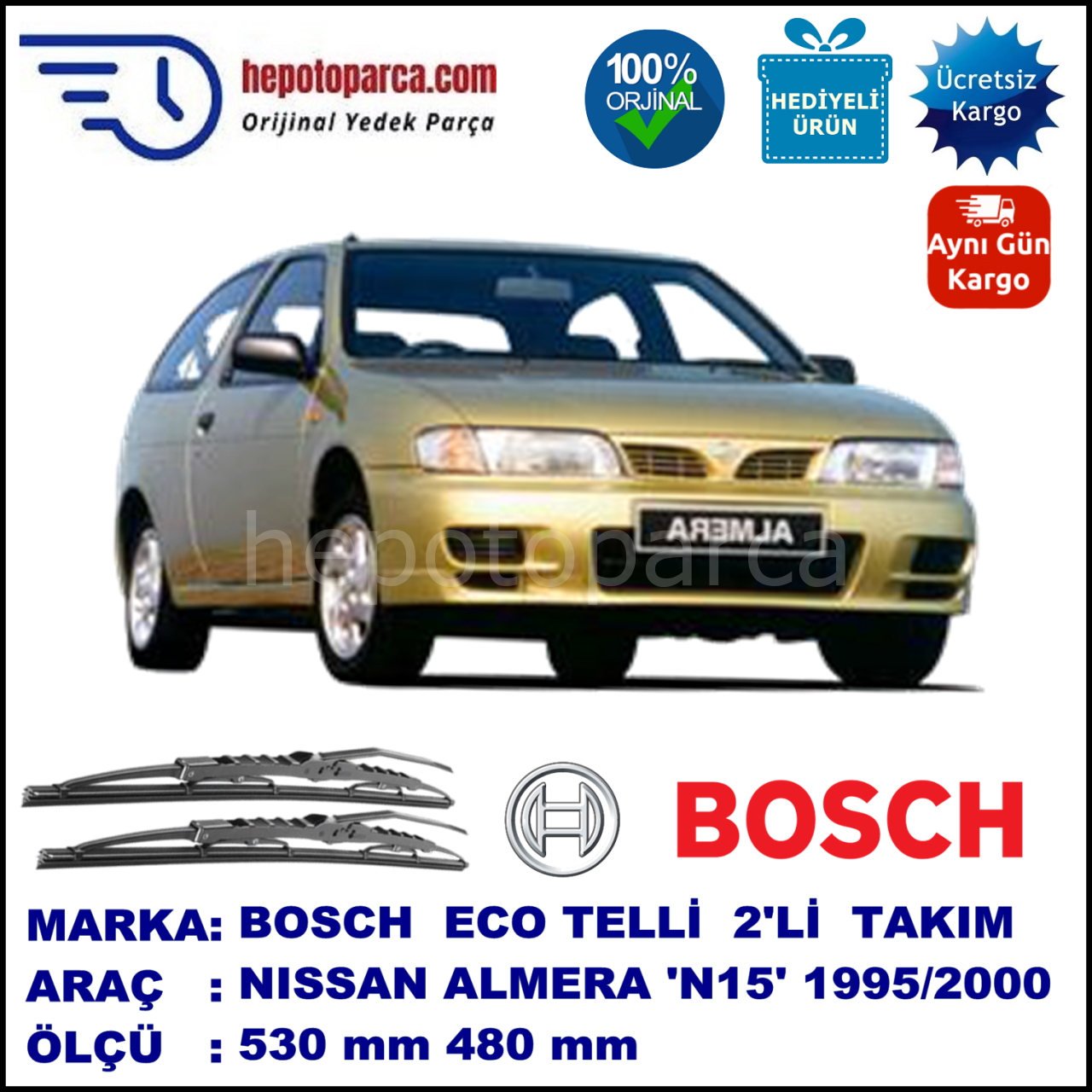 NISSAN Almera Hatchback [N15] 07.95-04.00 530 / 480 mm. BOSCH ECO Telli Silecek 2'li Takım