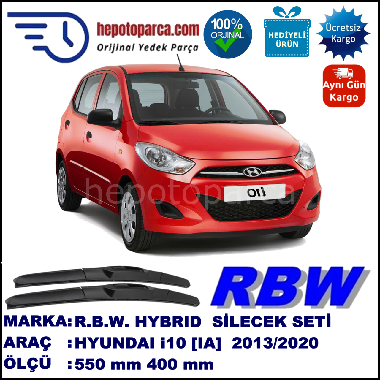 HYUNDAI i10 [IA] 09.13-... 550 / 400 mm. RBW Hybrid Silecek Seti. U Kanca Uyumlu Hibrit