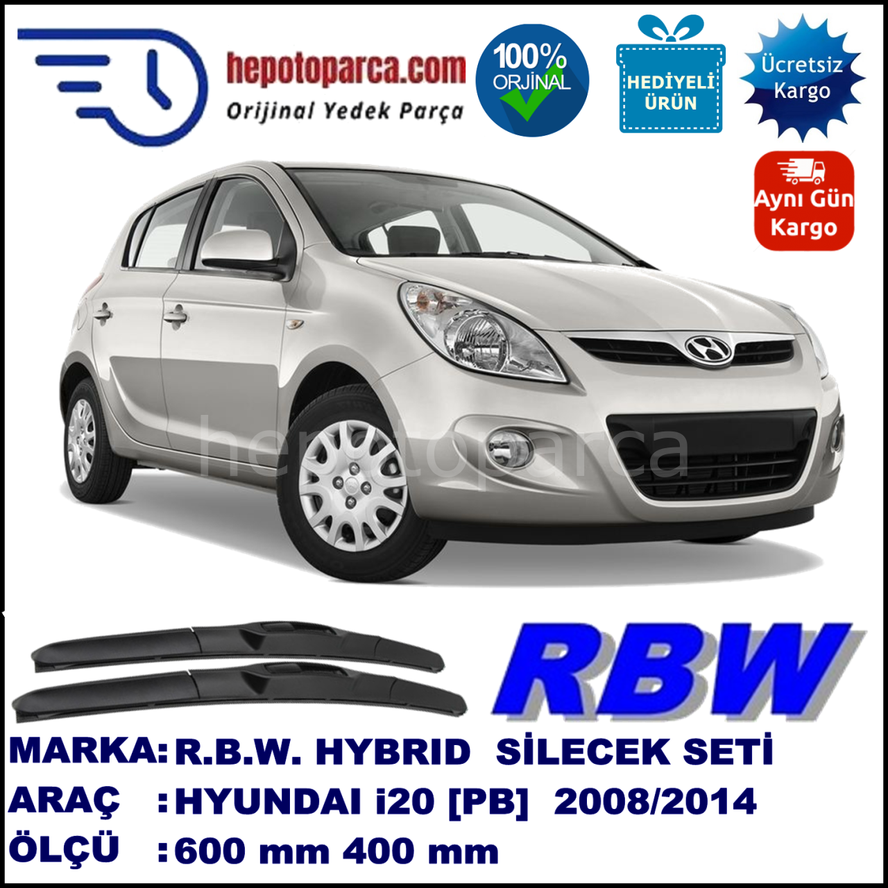 HYUNDAI i20 [PB] 12.08-... 600 / 400 mm. RBW Hybrid Silecek Seti. U Kanca Uyumlu Hibrit