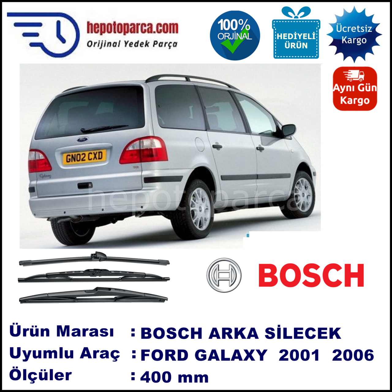 FORD Galaxy [00] 400 mm 04.2001-08.2006 BOSCH Arka Silecek