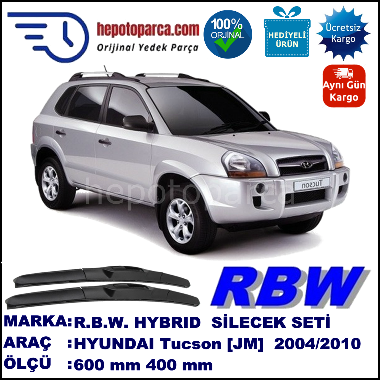HYUNDAI Tucson [JM] 08.04-03.10 600 / 400 mm. RBW Hybrid Silecek Seti. U Kanca Uyumlu Hibrit