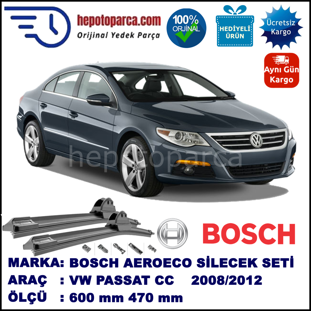 VW Passat CC [357] 05.2008-05.2012, 600 / 470 mm. BOSCH AEROECO Aparatlı Muz Silecek