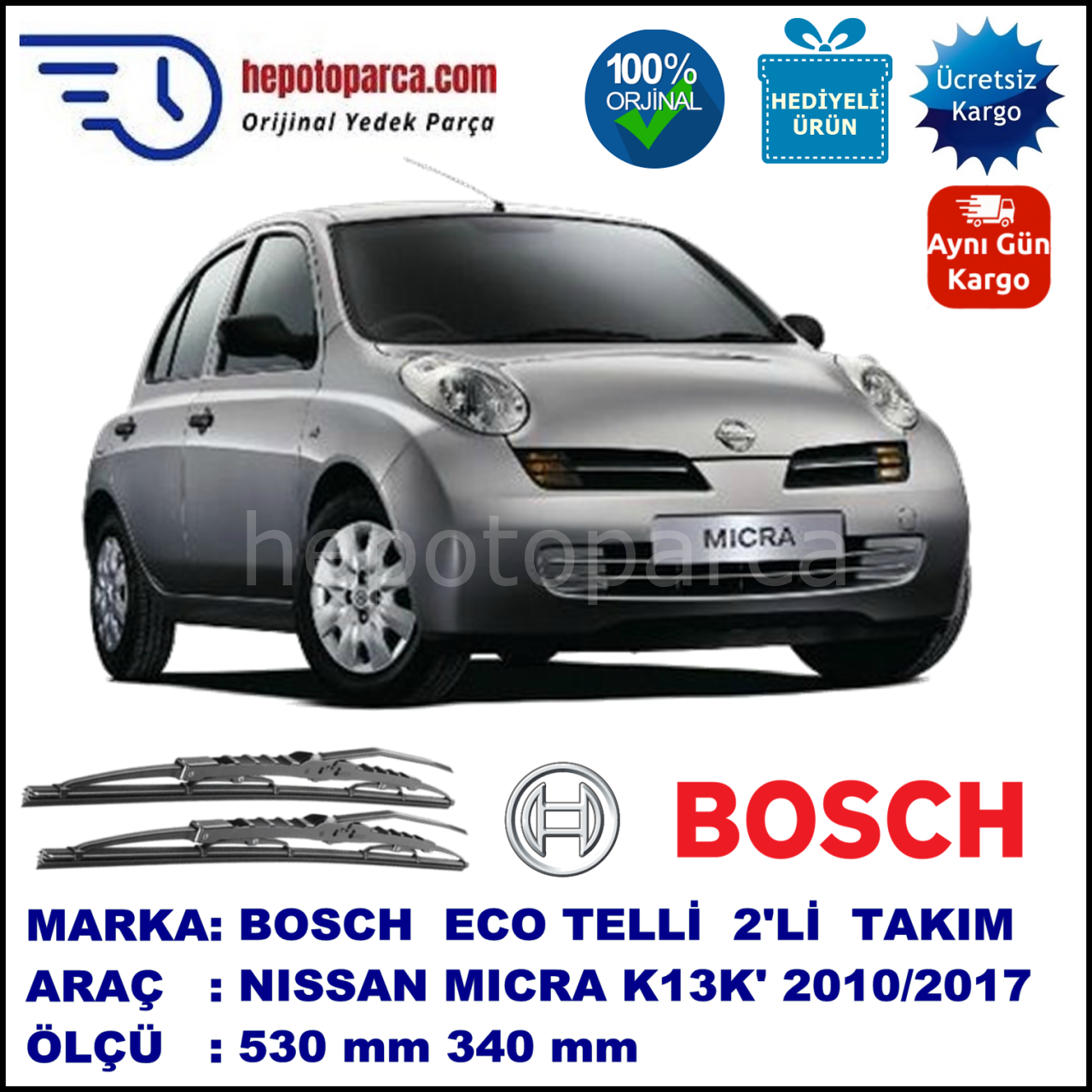 NISSAN Micra [K13K] 07.10-... 530 / 340 mm. BOSCH ECO Telli Silecek 2'li Takım