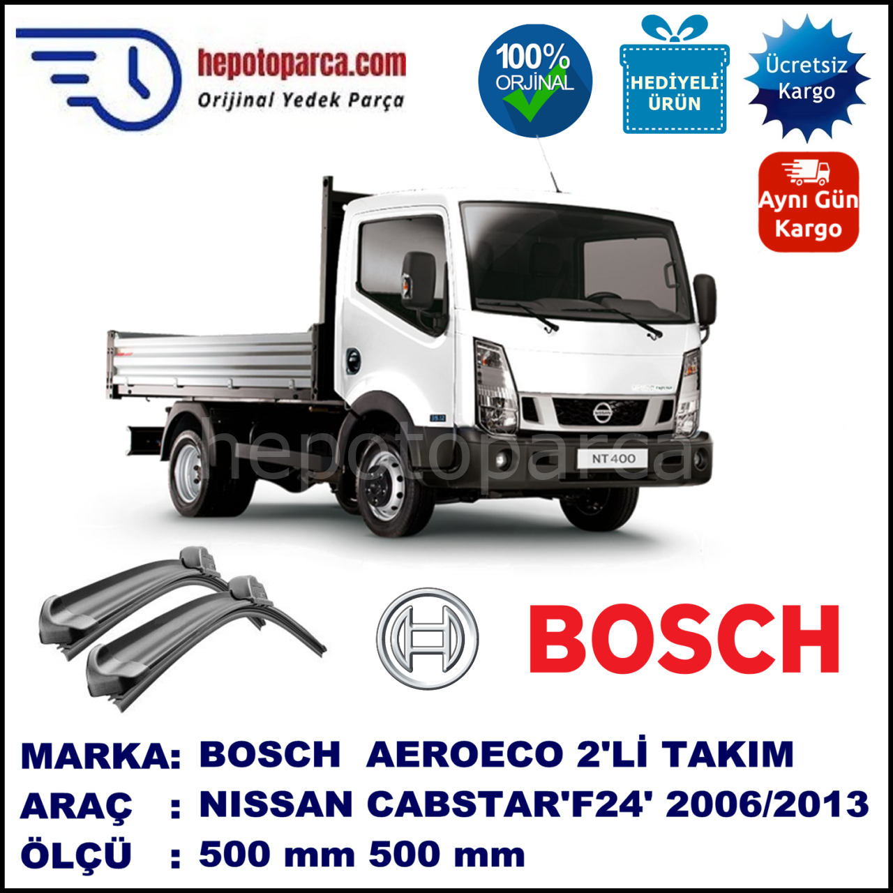NISSAN Cabstar [F24] 09.2006-..., 500 / 500 mm. BOSCH AEROECO Aparatlı Muz Silecek