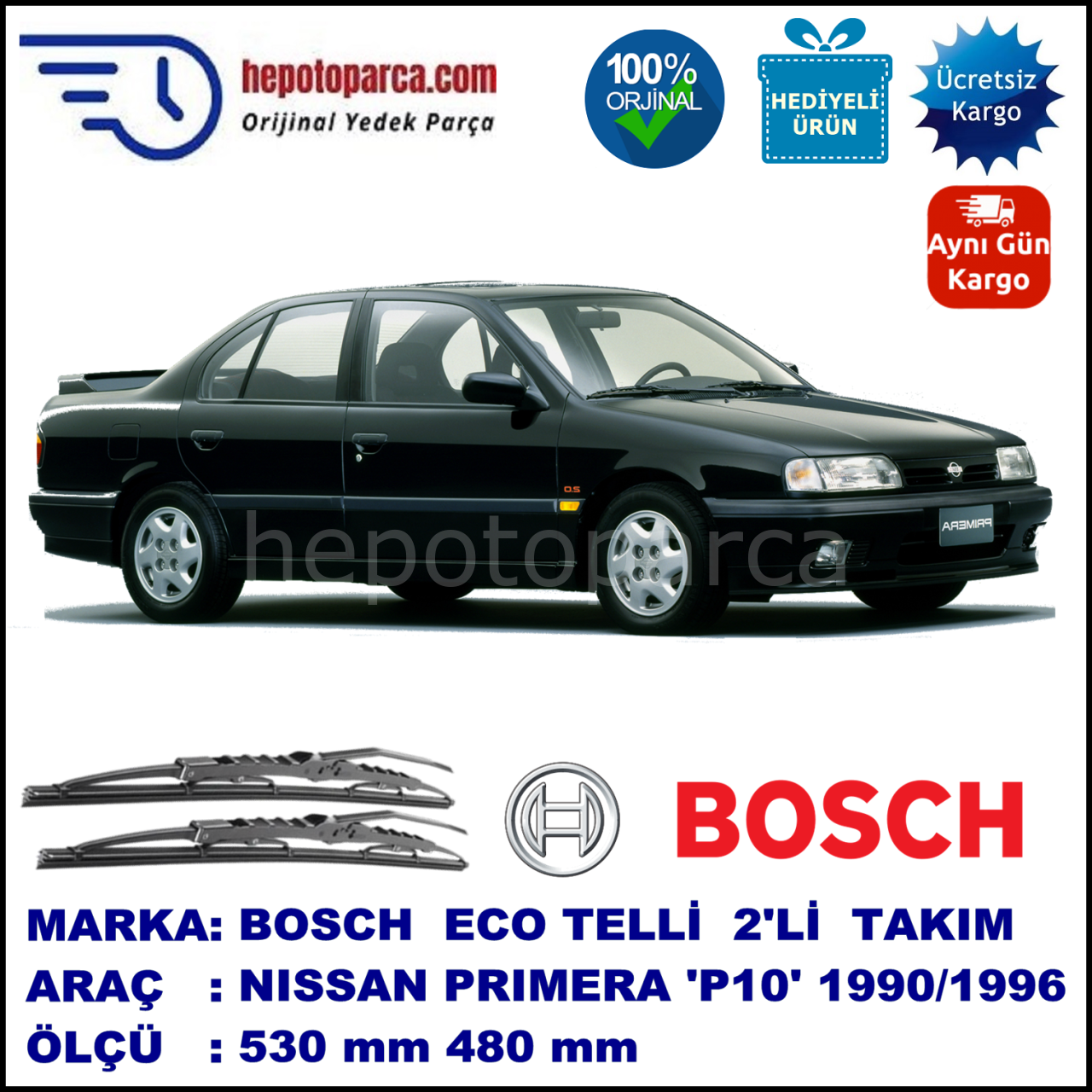 NISSAN Primera Sedan [P10E] 06.90-06.96 530 / 480 mm. BOSCH ECO Telli Silecek 2'li Takım
