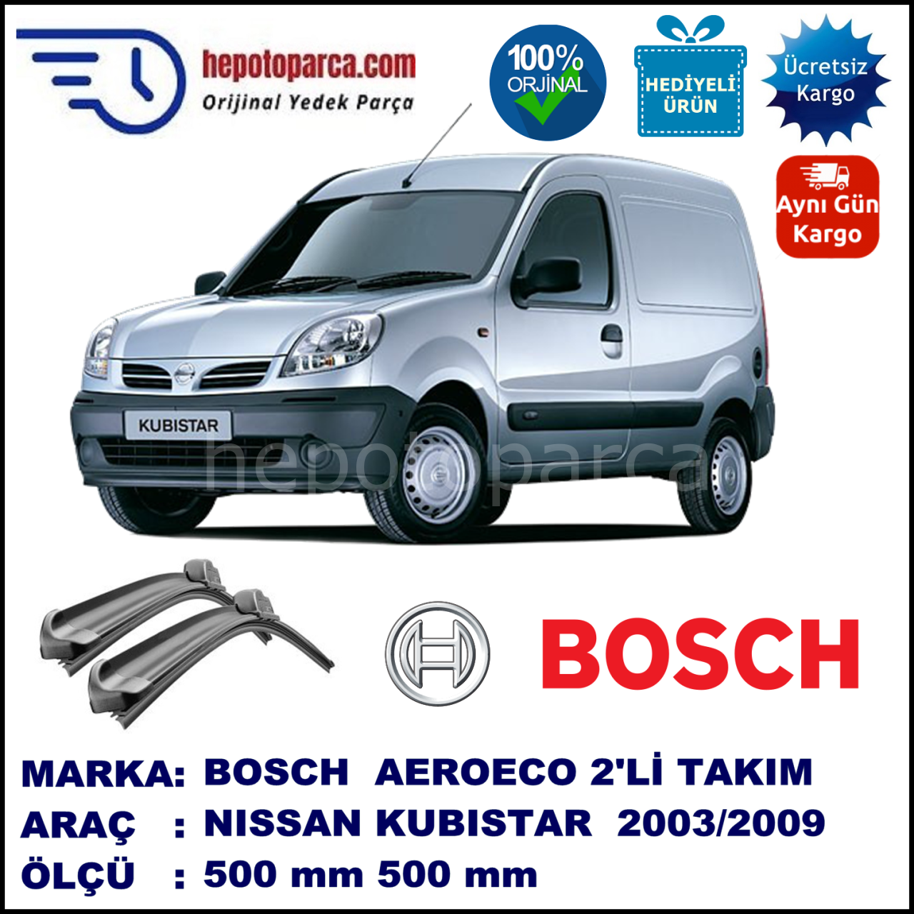 NISSAN Kubistar [X76] 07.2003-03.2009, 500 / 500 mm. BOSCH AEROECO Aparatlı Muz Silecek