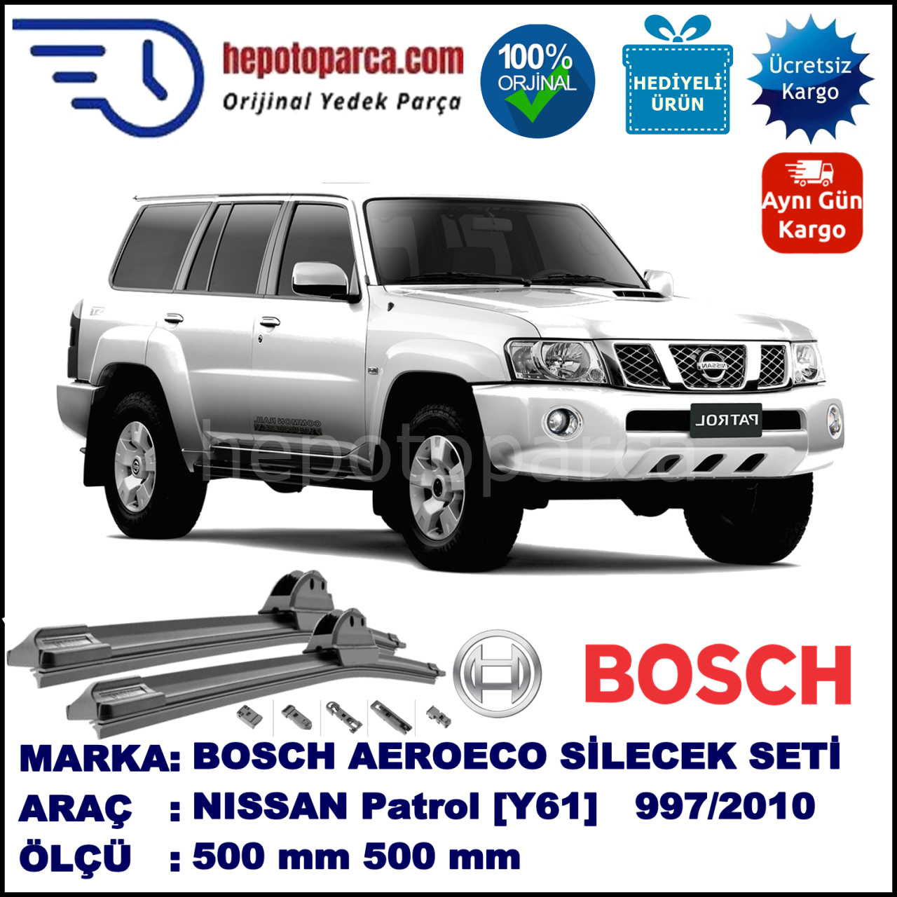 NISSAN Patrol GR [Y61] 08.1997-03.2010, 500 / 500 mm. BOSCH AEROECO Aparatlı Muz Silecek