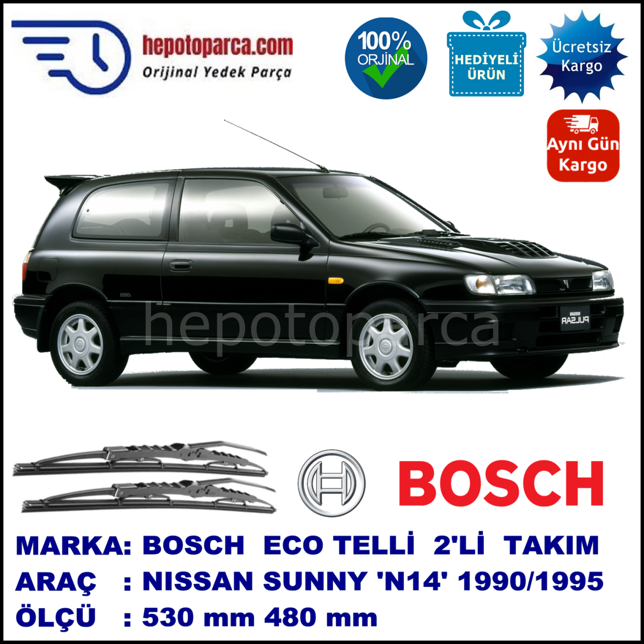NISSAN Sunny Hatchback [N14] 10.90-05.95 530 / 480 mm. BOSCH ECO Telli Silecek 2'li Takım
