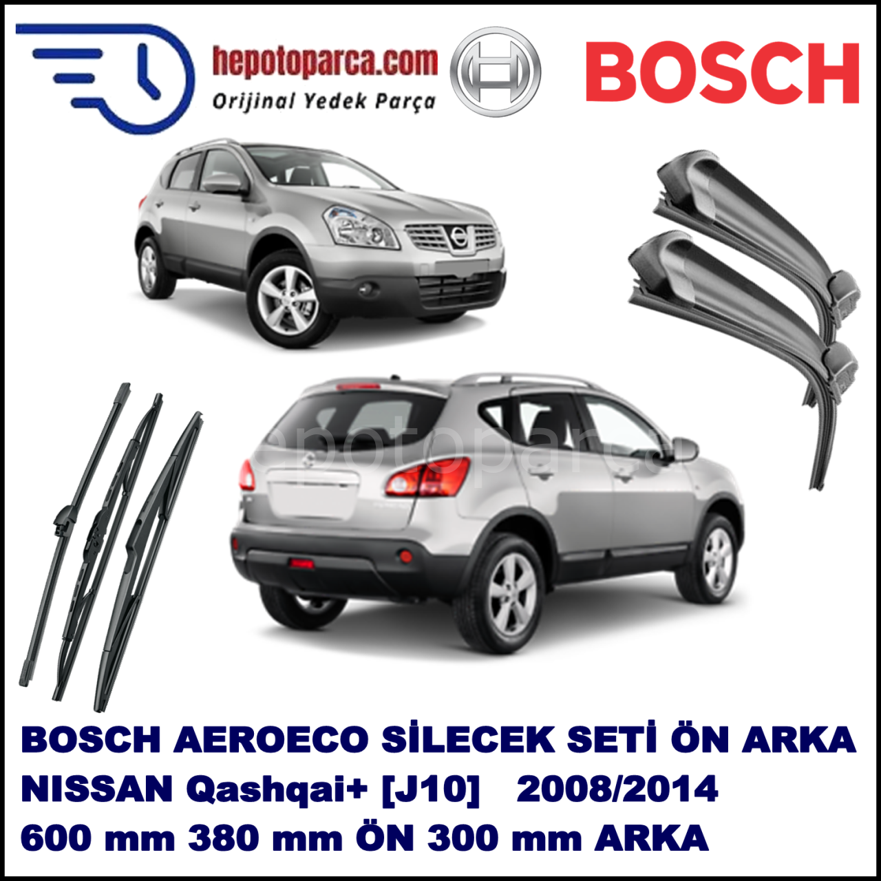 NISSAN Qashqai+2 [J10] 08,2008-,,, Bosch Aeroeco Ön ve Arka Silecek Takımı