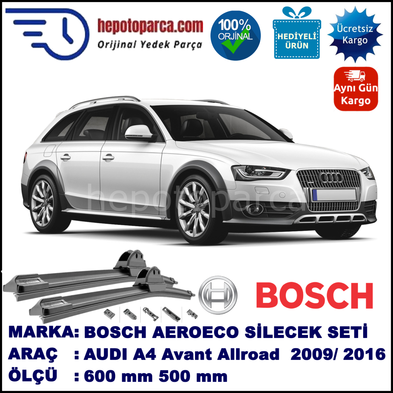 AUDI A4 Avant Allroad [8KH] 04.2009-..., 600 / 500 mm. BOSCH AEROECO Aparatlı Muz Silecek