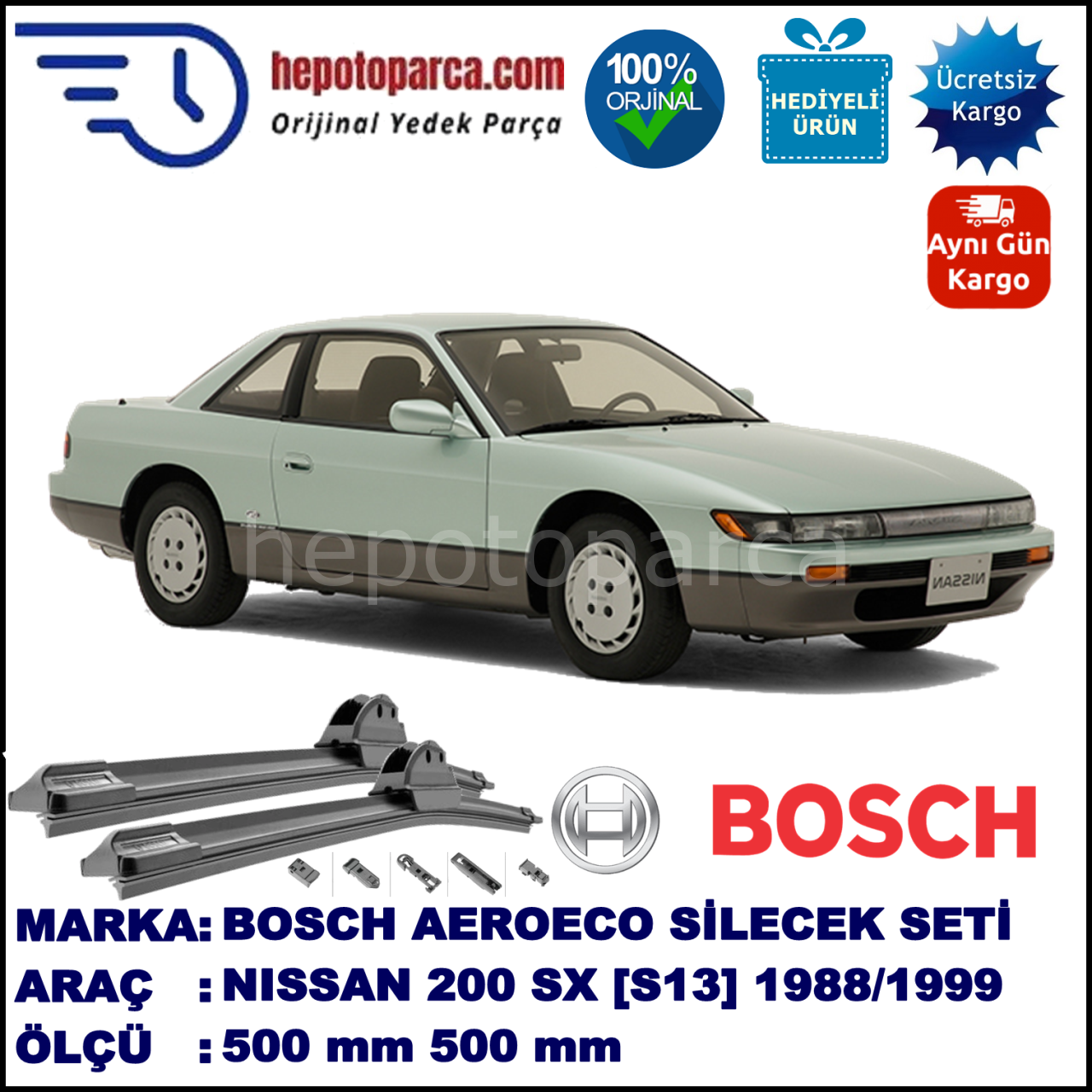 NISSAN 200 SX [S13/S14] 09.1988-12.1999, 500 / 500 mm. BOSCH AEROECO Aparatlı Muz Silecek