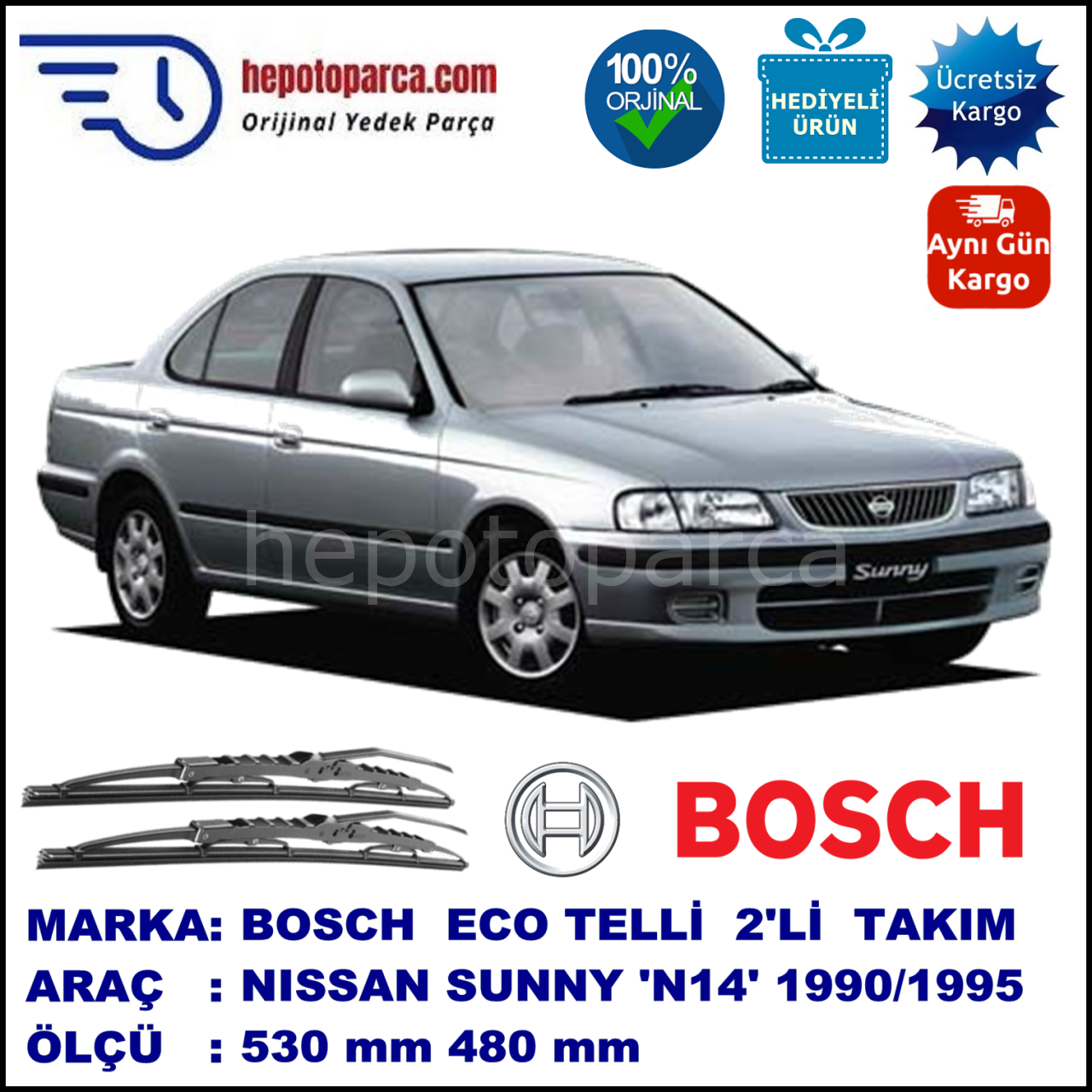 NISSAN Sunny Sedan [N14] 10.90-05.95 530 / 480 mm. BOSCH ECO Telli Silecek 2'li Takım