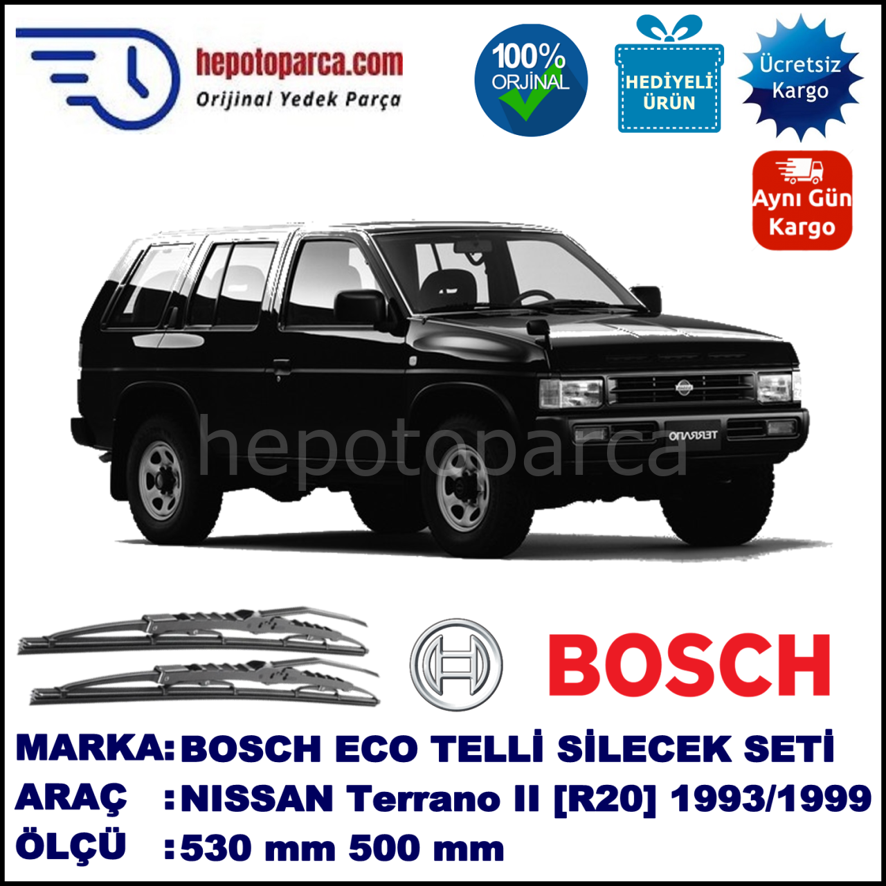 NISSAN Terrano II [R20] 02.93-10.99 530 / 500 mm. BOSCH ECO Telli Silecek 2'li Takım