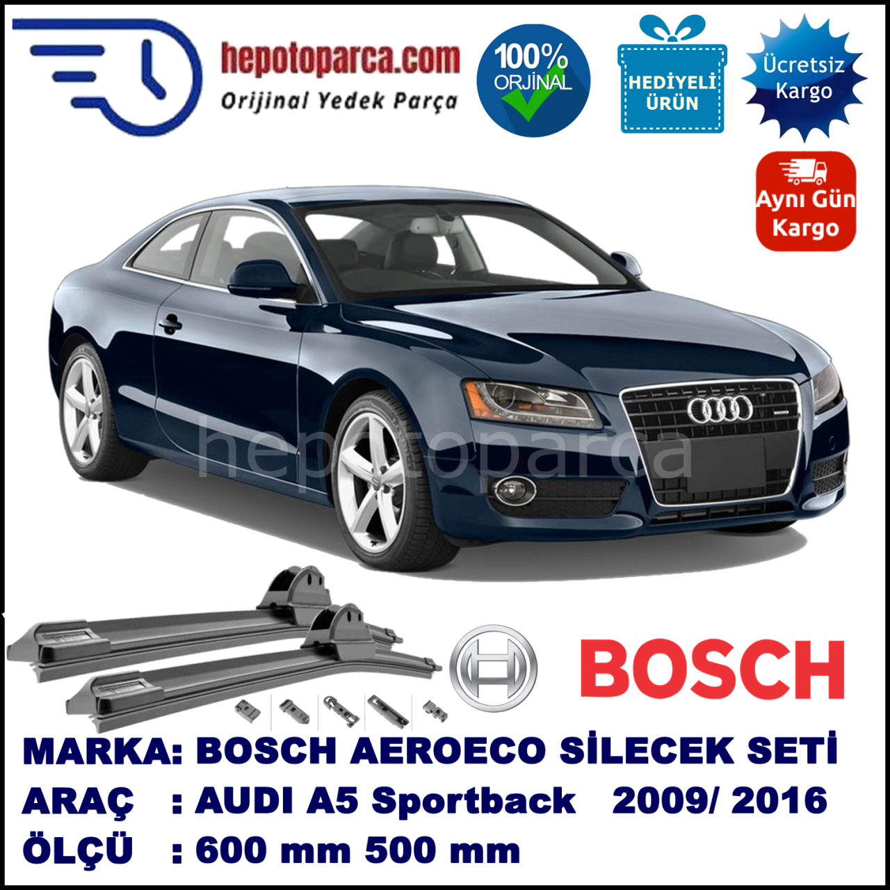 AUDI A5 Sportback [8TA] 05.2009-..., 600 / 500 mm. BOSCH AEROECO Aparatlı Muz Silecek