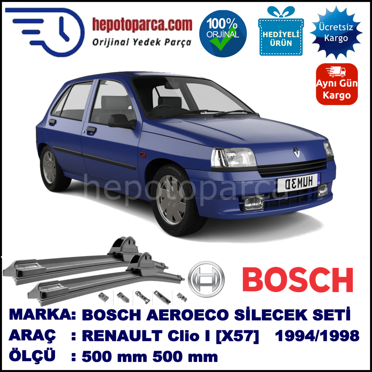 RENAULT Clio I [X57] 03.1994-02.1998, 500 / 500 mm. BOSCH AEROECO Aparatlı Muz Silecek