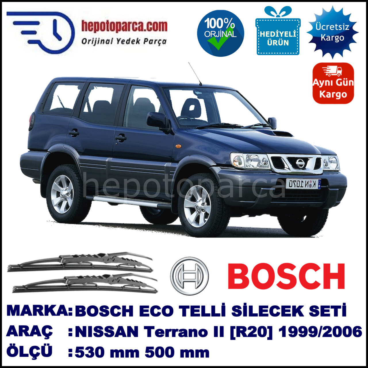NISSAN Terrano II [R20] 11.99-... 530 / 500 mm. BOSCH ECO Telli Silecek 2'li Takım