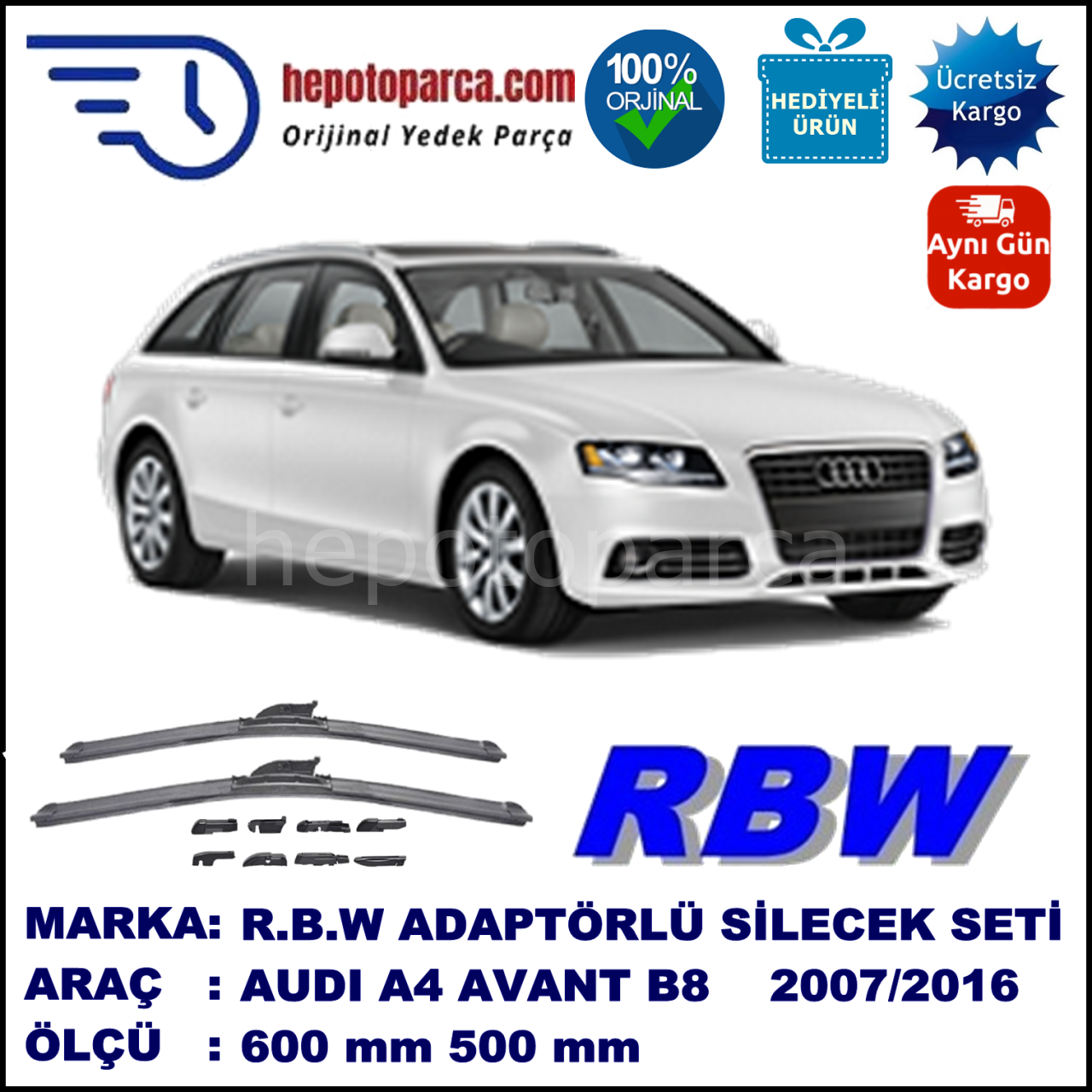 AUDI A4 Avant [8K5; B8] 11.2007-..., 600 / 500 mm.  RBW  ADAPTÖRLÜ MUZ SİLECEK SETİ