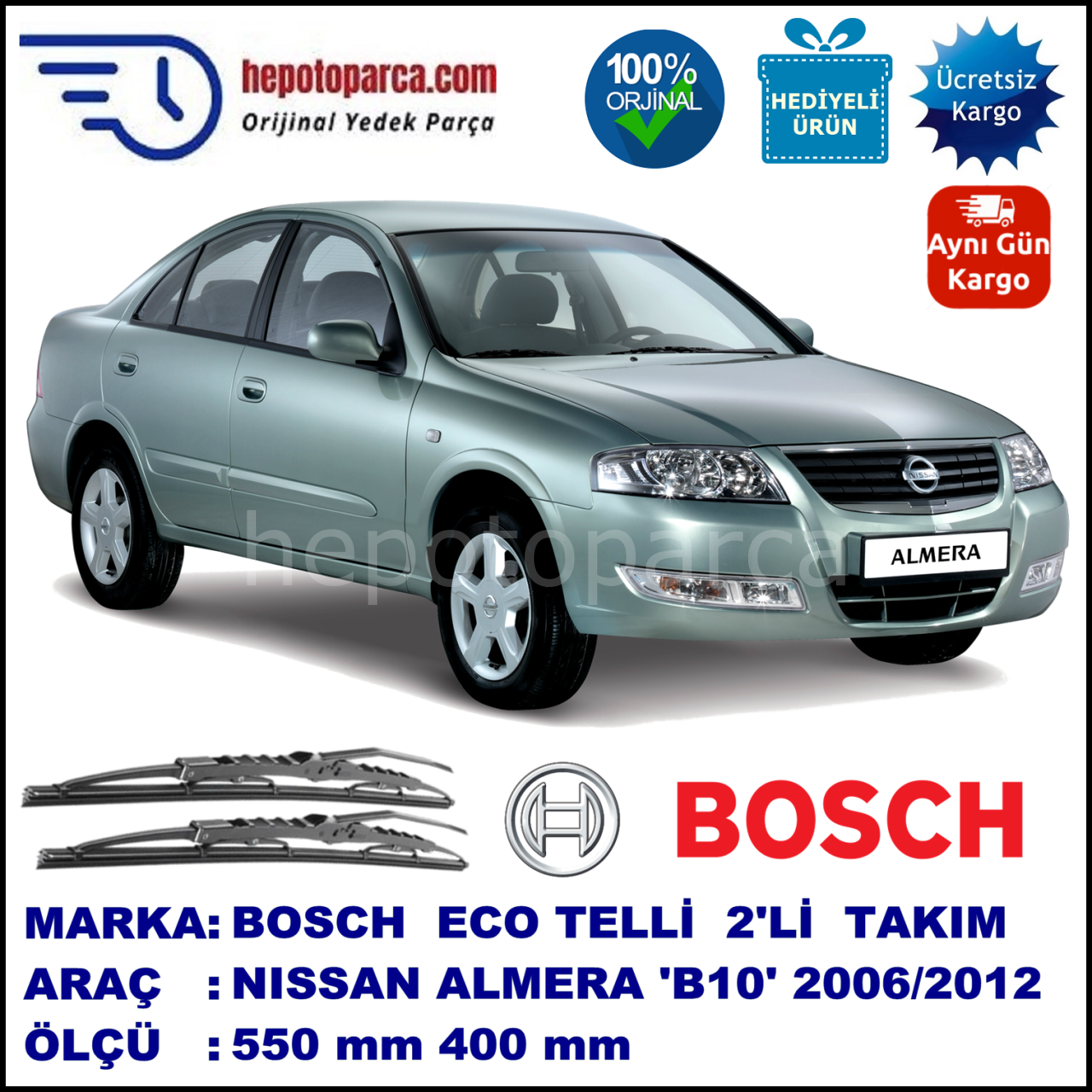NISSAN Almera (Classic) [B10] 01.06-... 550 / 400 mm. BOSCH ECO Telli Silecek 2'li Takım