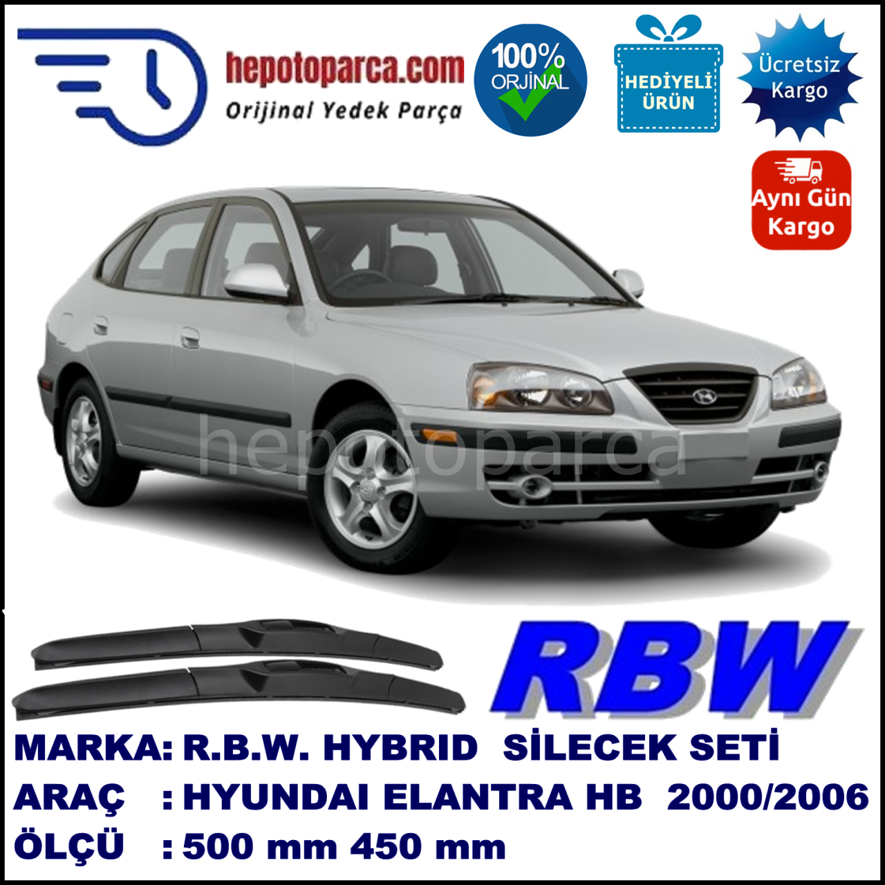 HYUNDAI Elantra Hatchback [XD] 06.00-... 500 / 450 mm. RBW Hybrid Silecek Seti. U Kanca Uyumlu Hibrit