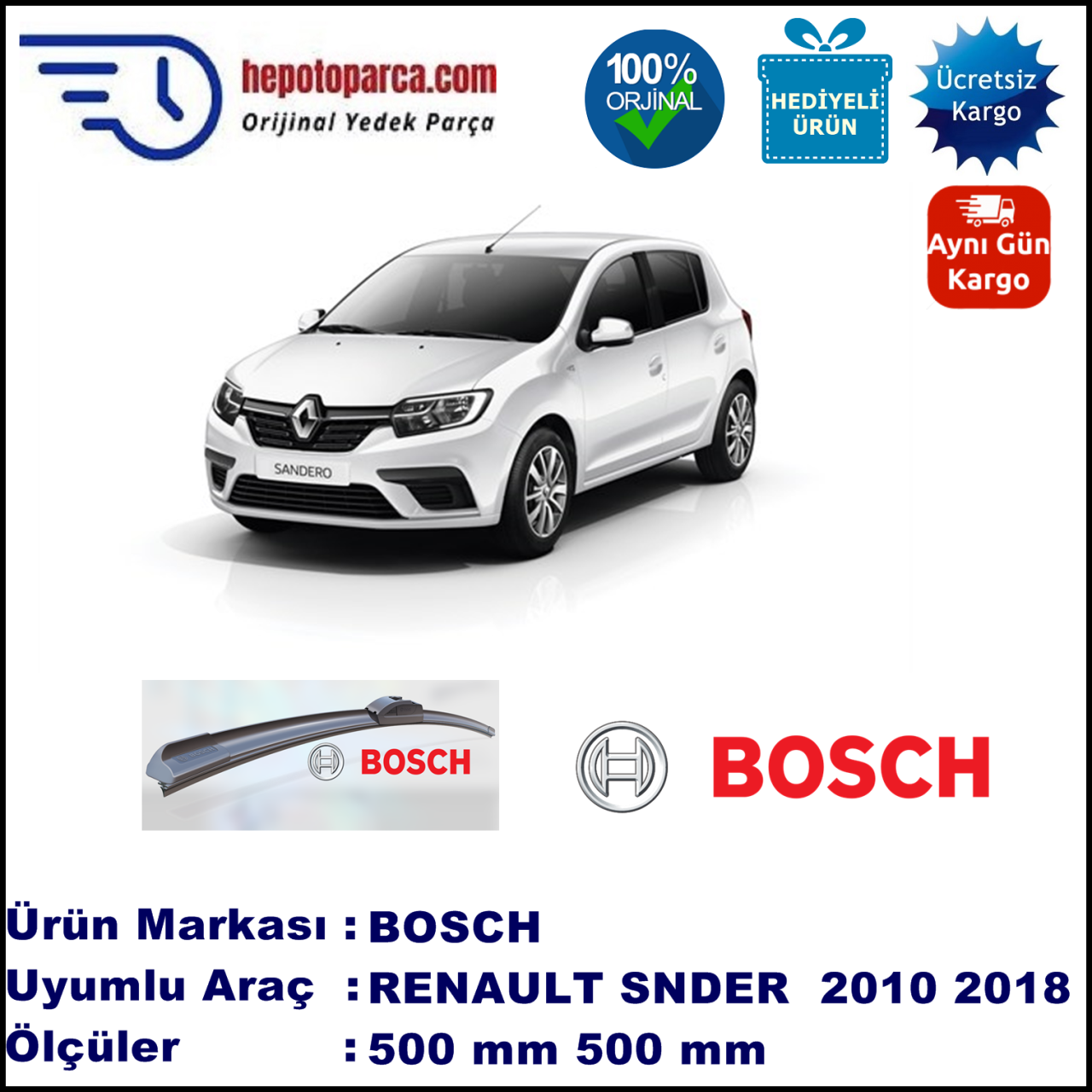 RENAULT Sandero [BS] 11.2010-..., 500 / 500 mm. BOSCH AEROECO Aparatlı Muz Silecek