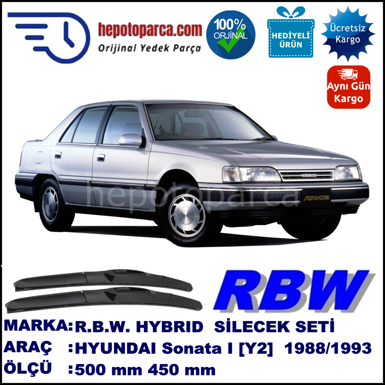 HYUNDAI Sonata I [Y2] 06.88-06.93 500 / 450 mm. RBW Hybrid Silecek Seti. U Kanca Uyumlu Hibrit