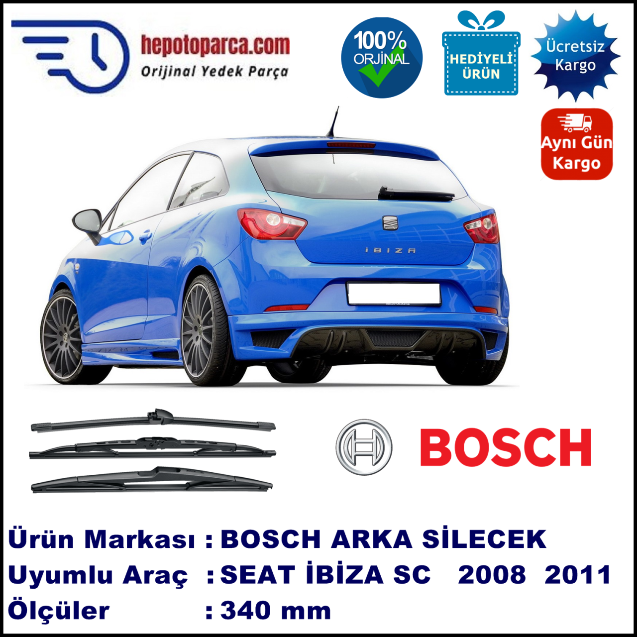 SEAT Ibiza SC [6J1] 340 mm 02.2008-08.2011 BOSCH Arka Silecek