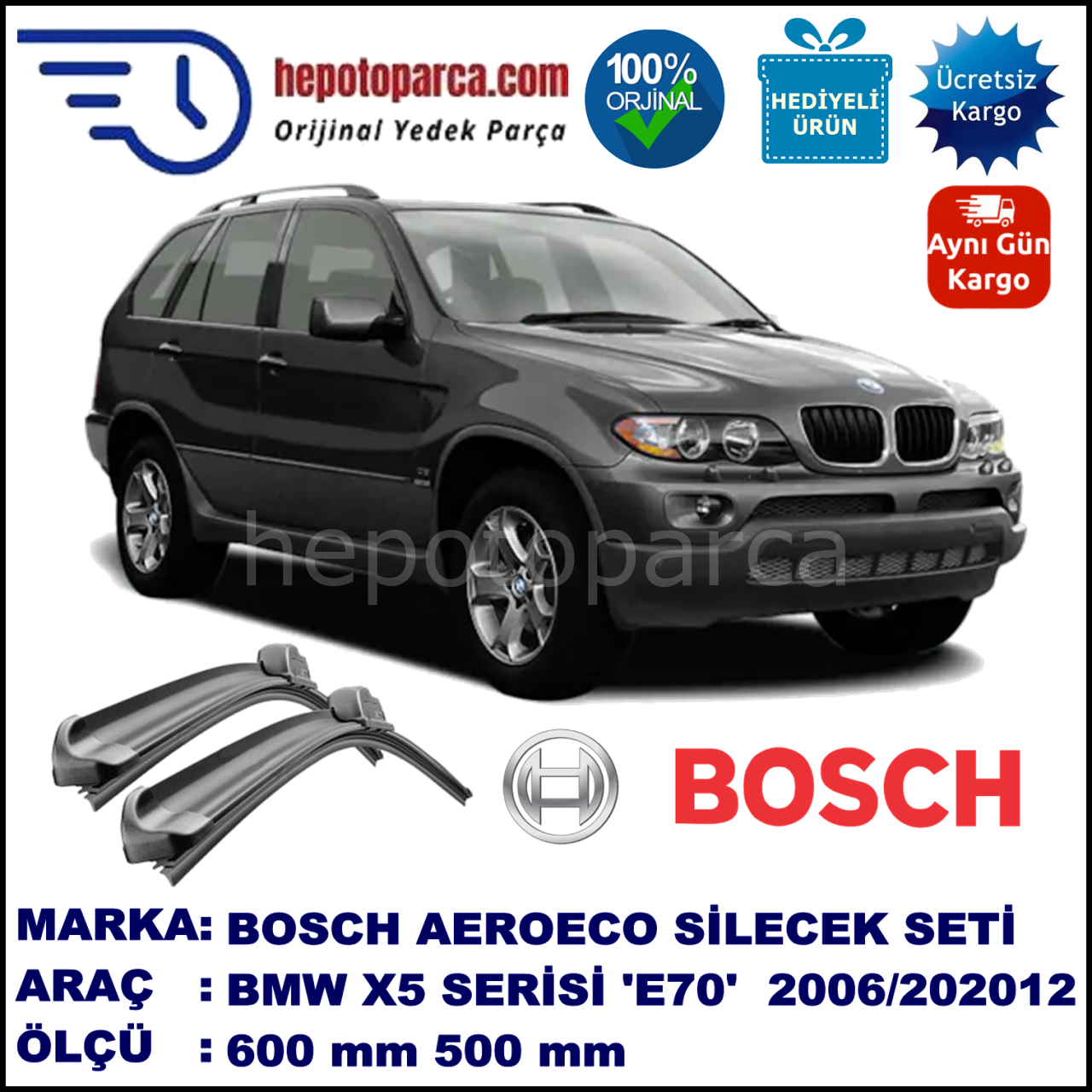 BMW X5 [E 70] 11.2006-..., 600 / 500 mm. BOSCH AEROECO Aparatlı Muz Silecek