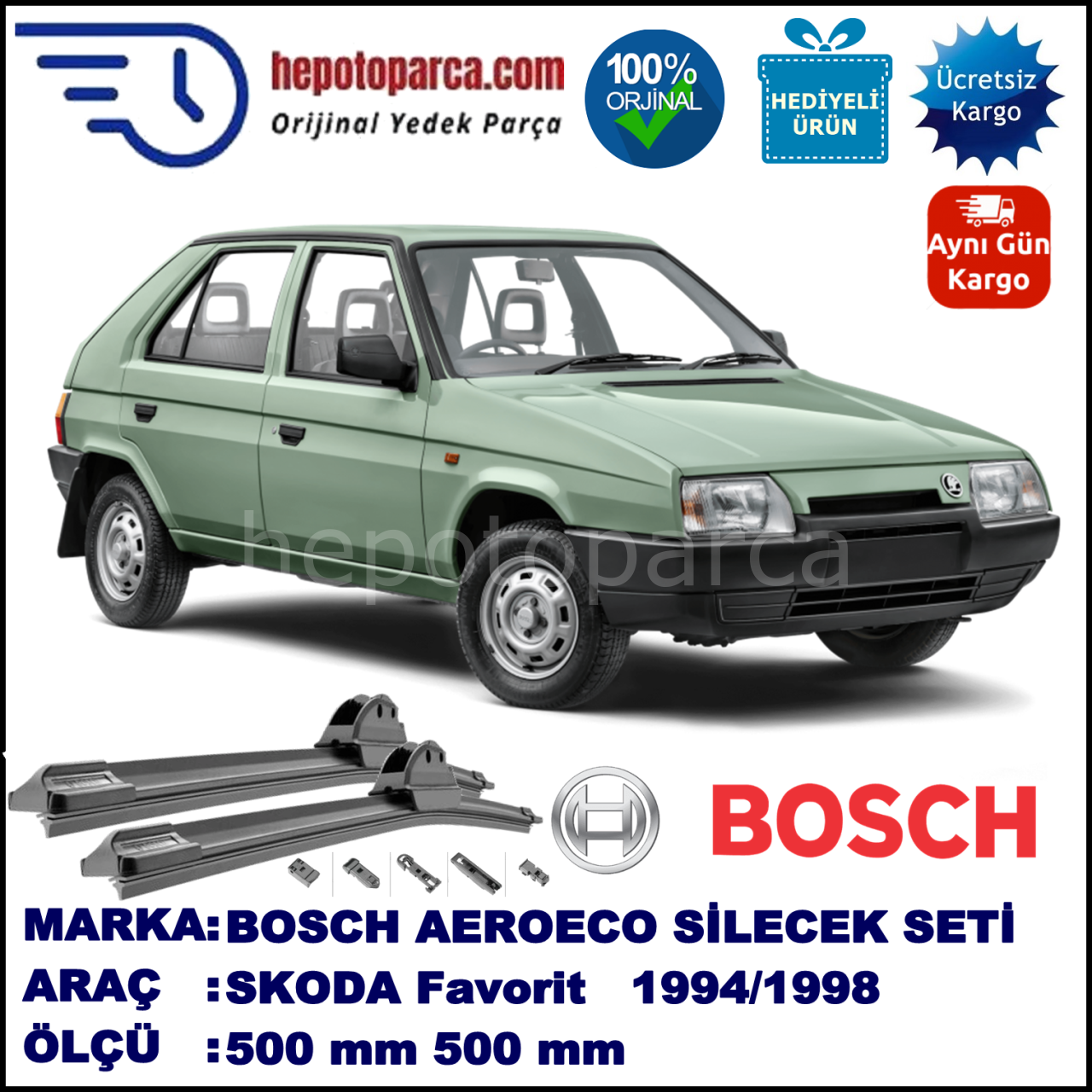 SKODA Favorit  10.1994-12.1998, 500 / 500 mm. BOSCH AEROECO Aparatlı Muz Silecek