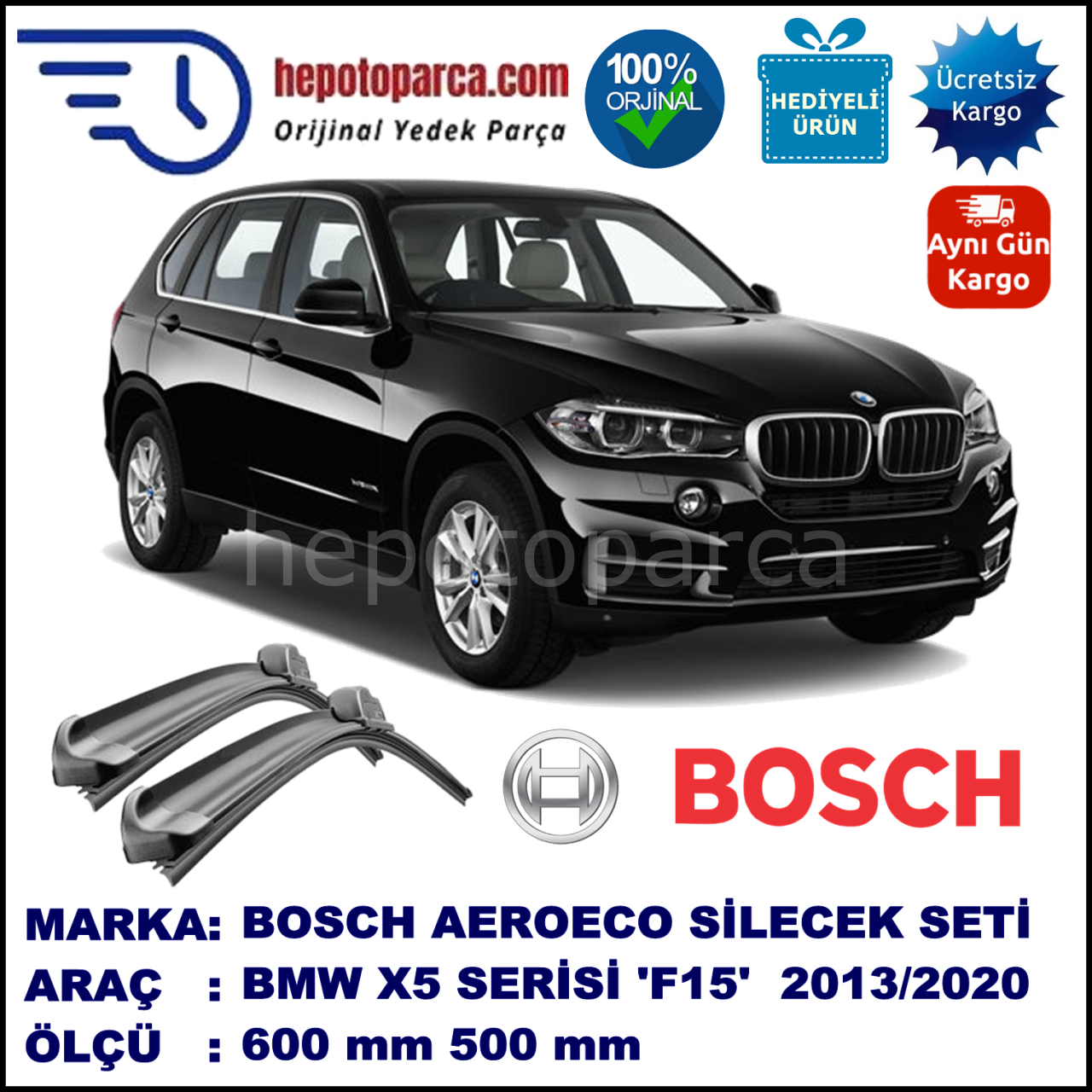 BMW X5 [F 15] 11.2013-..., 600 / 500 mm. BOSCH AEROECO Aparatlı Muz Silecek